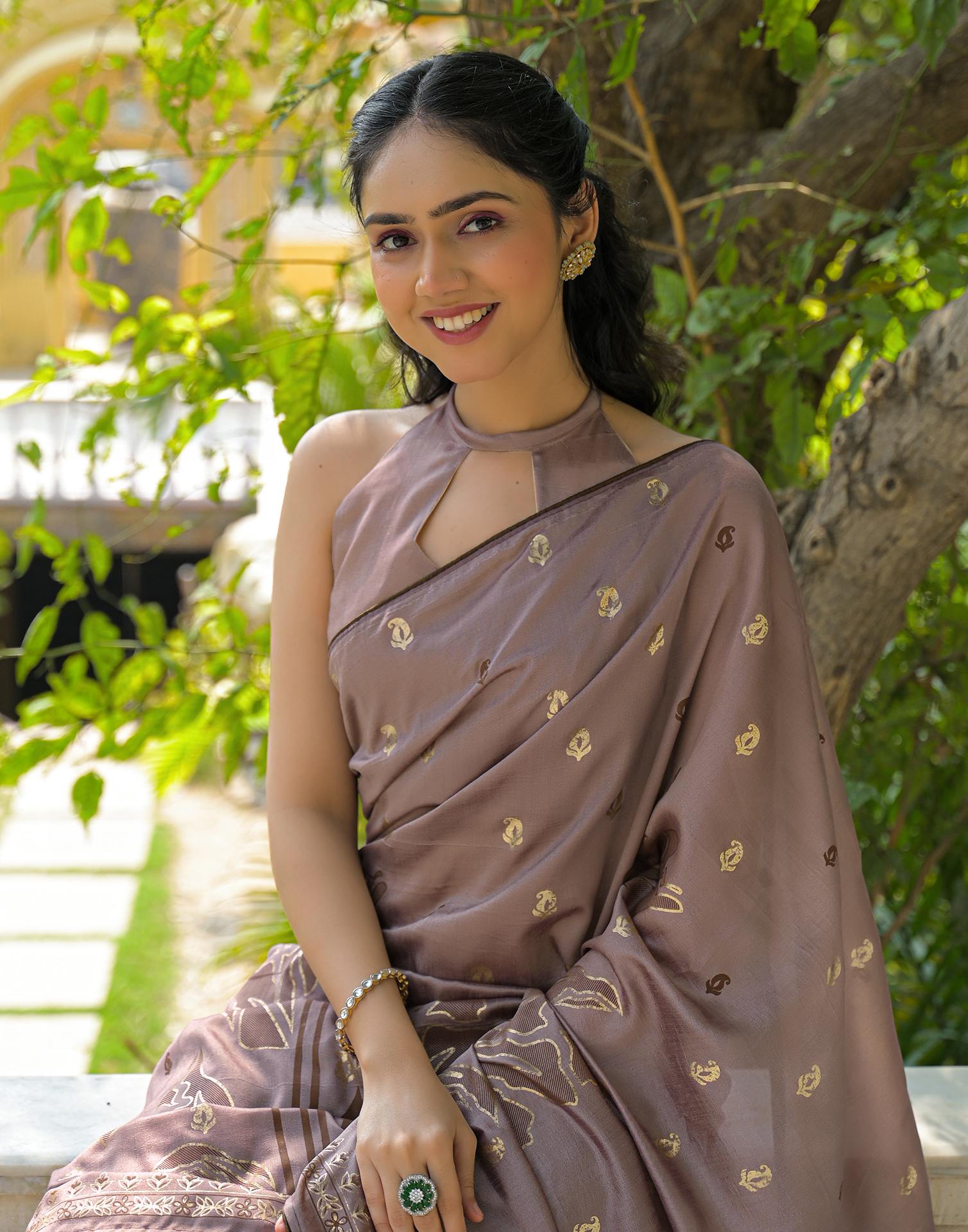 Mauve Vichitra Silk Foil Printed Saree