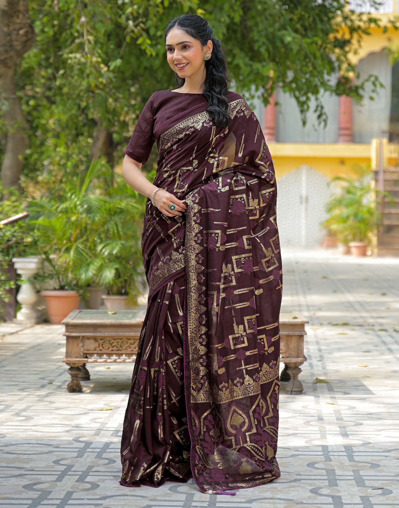 Coffee Brown Vichitra Silk Foil Printed Saree