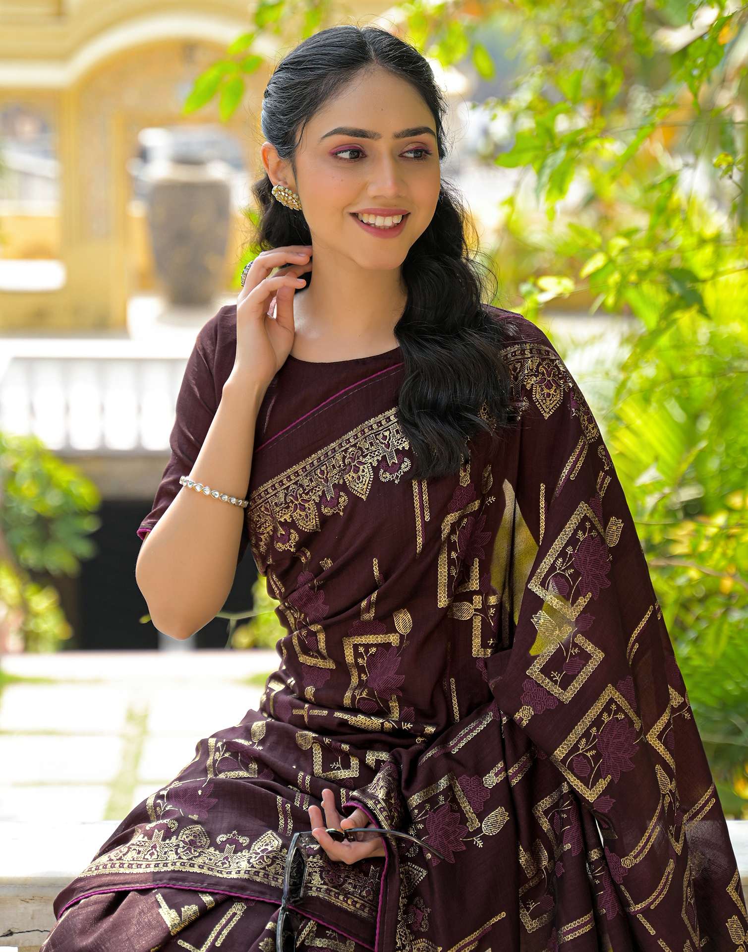 Coffee Brown Vichitra Silk Foil Printed Saree