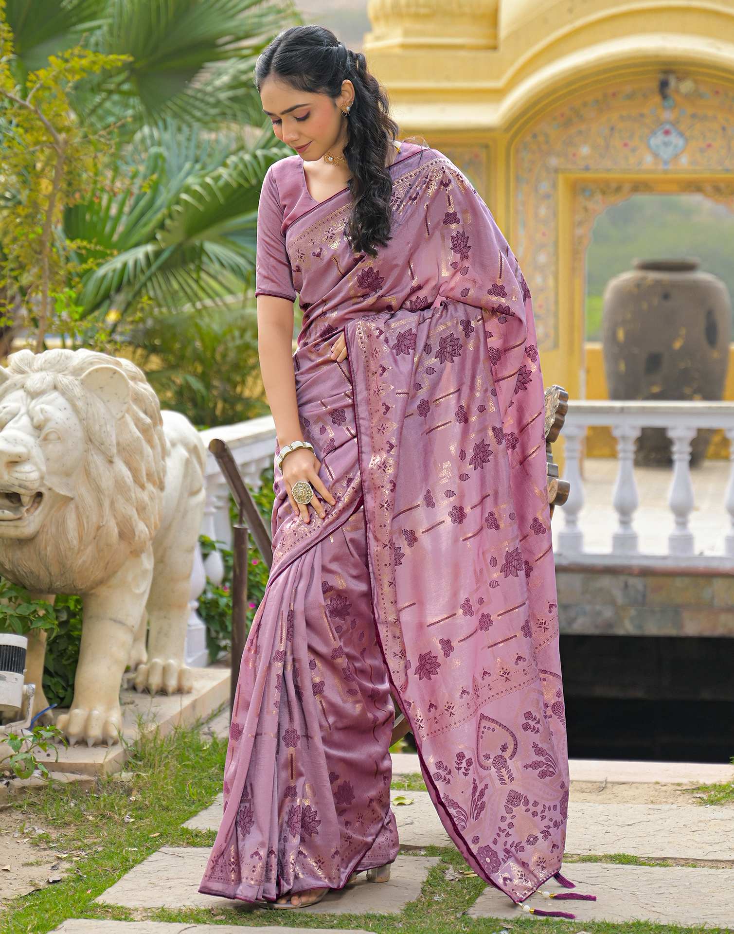 Dusty Mauve Vichitra Silk Foil Printed Saree