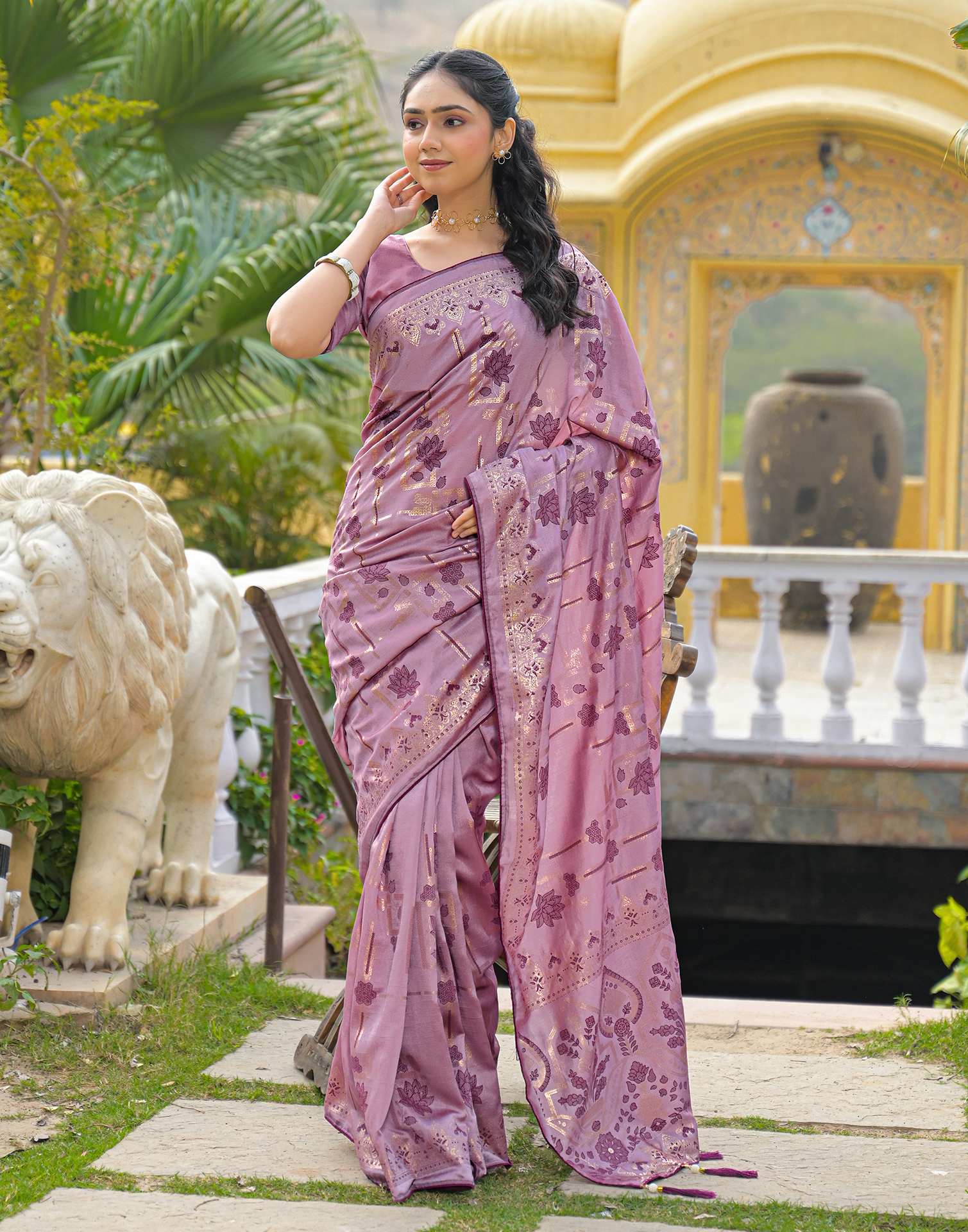 Dusty Mauve Vichitra Silk Foil Printed Saree