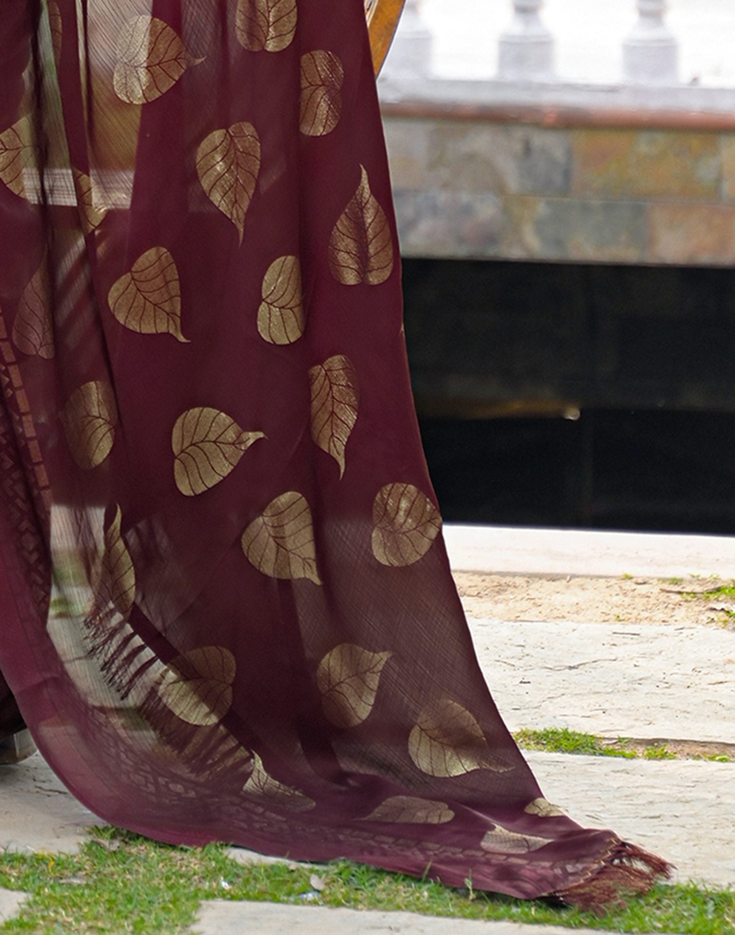 Maroon Chiffon Foil Printed Saree