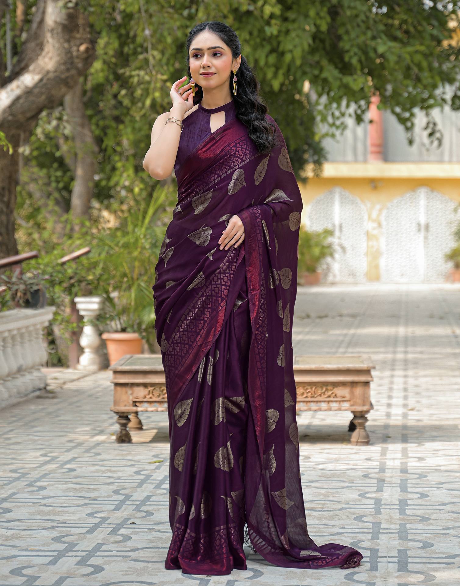 Wine Chiffon Foil Printed Saree
