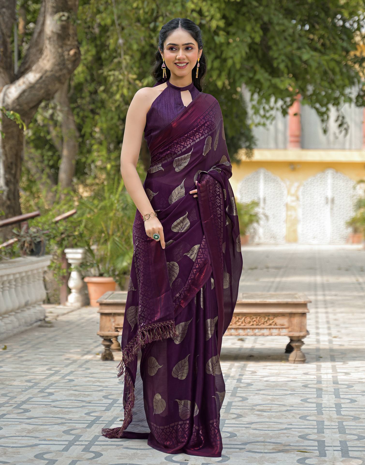 Wine Chiffon Foil Printed Saree