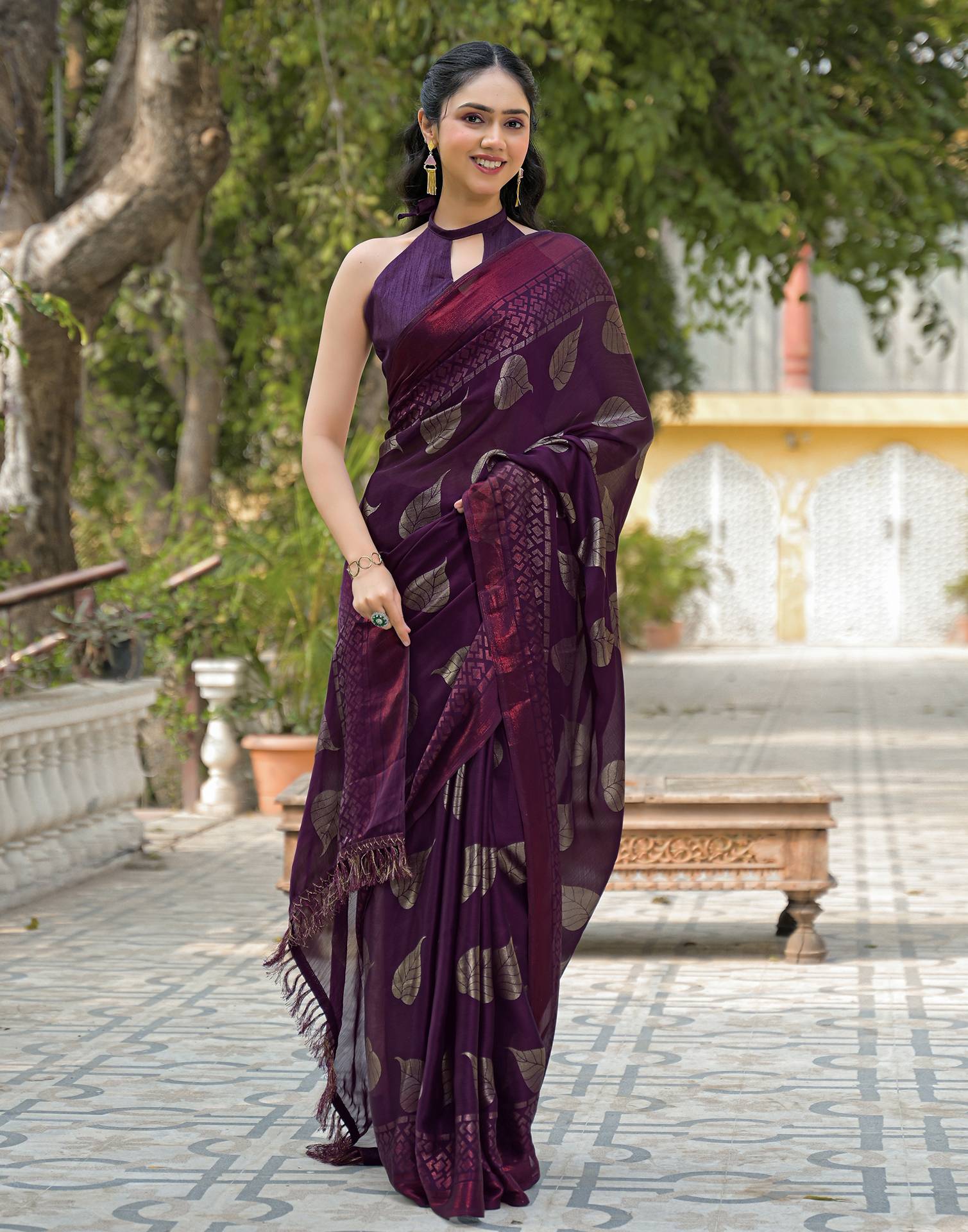 Wine Chiffon Foil Printed Saree