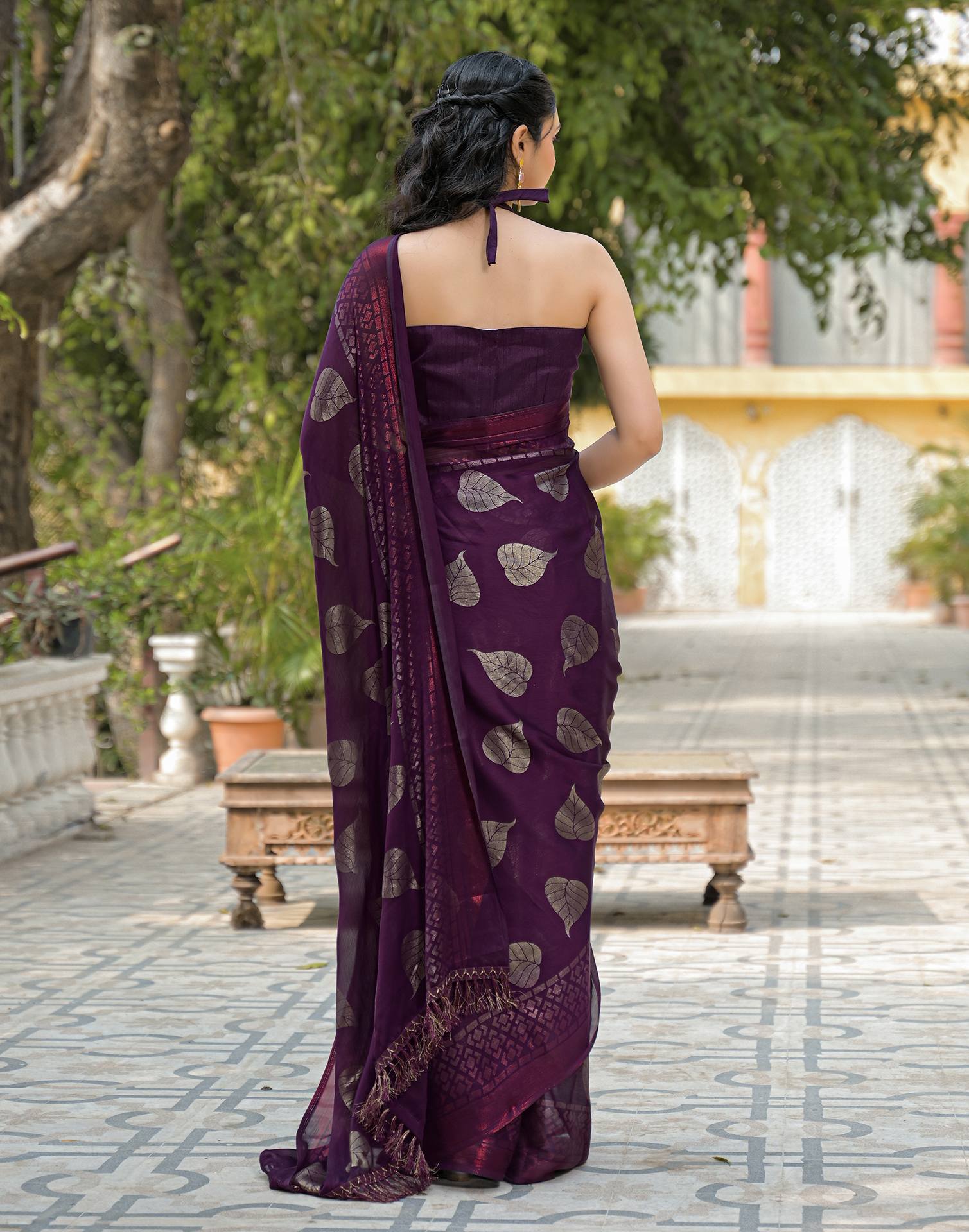 Wine Chiffon Foil Printed Saree