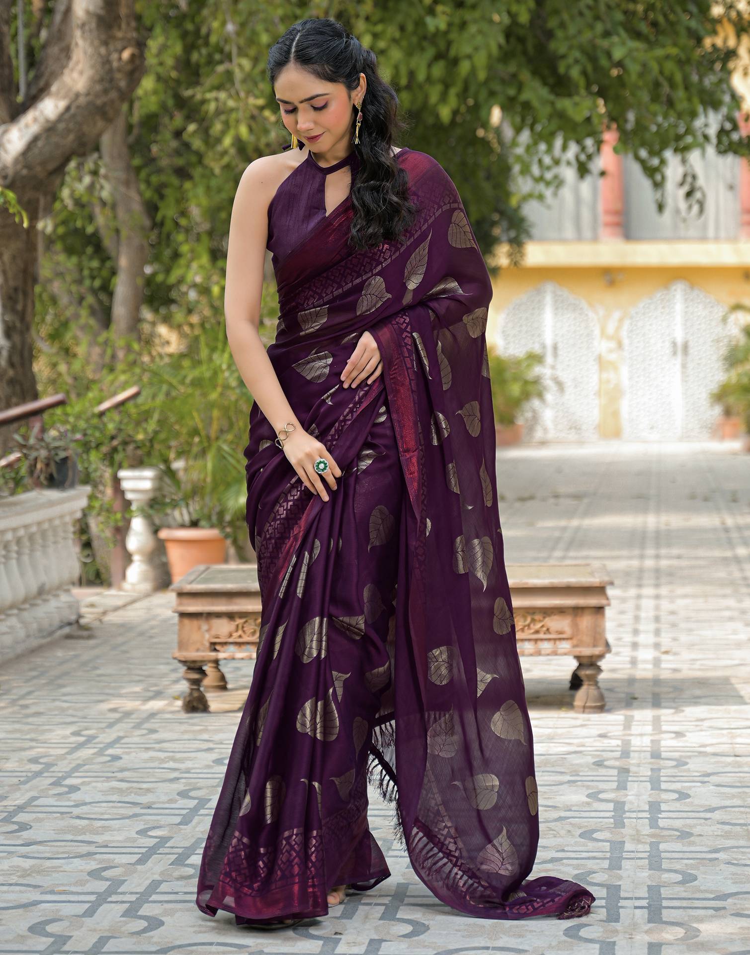 Wine Chiffon Foil Printed Saree