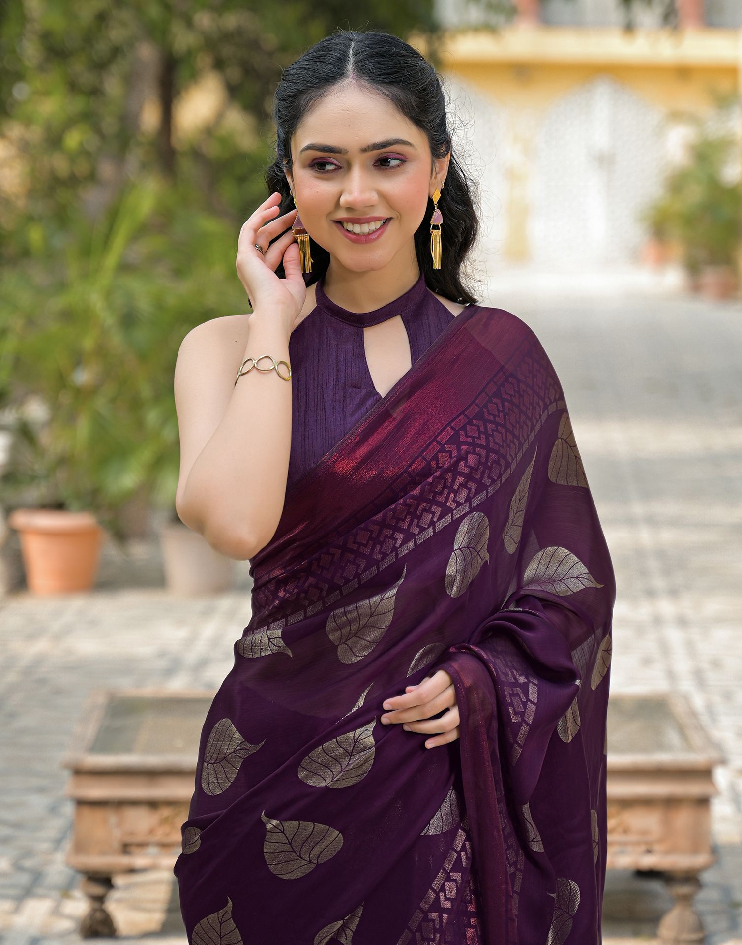 Wine Chiffon Foil Printed Saree