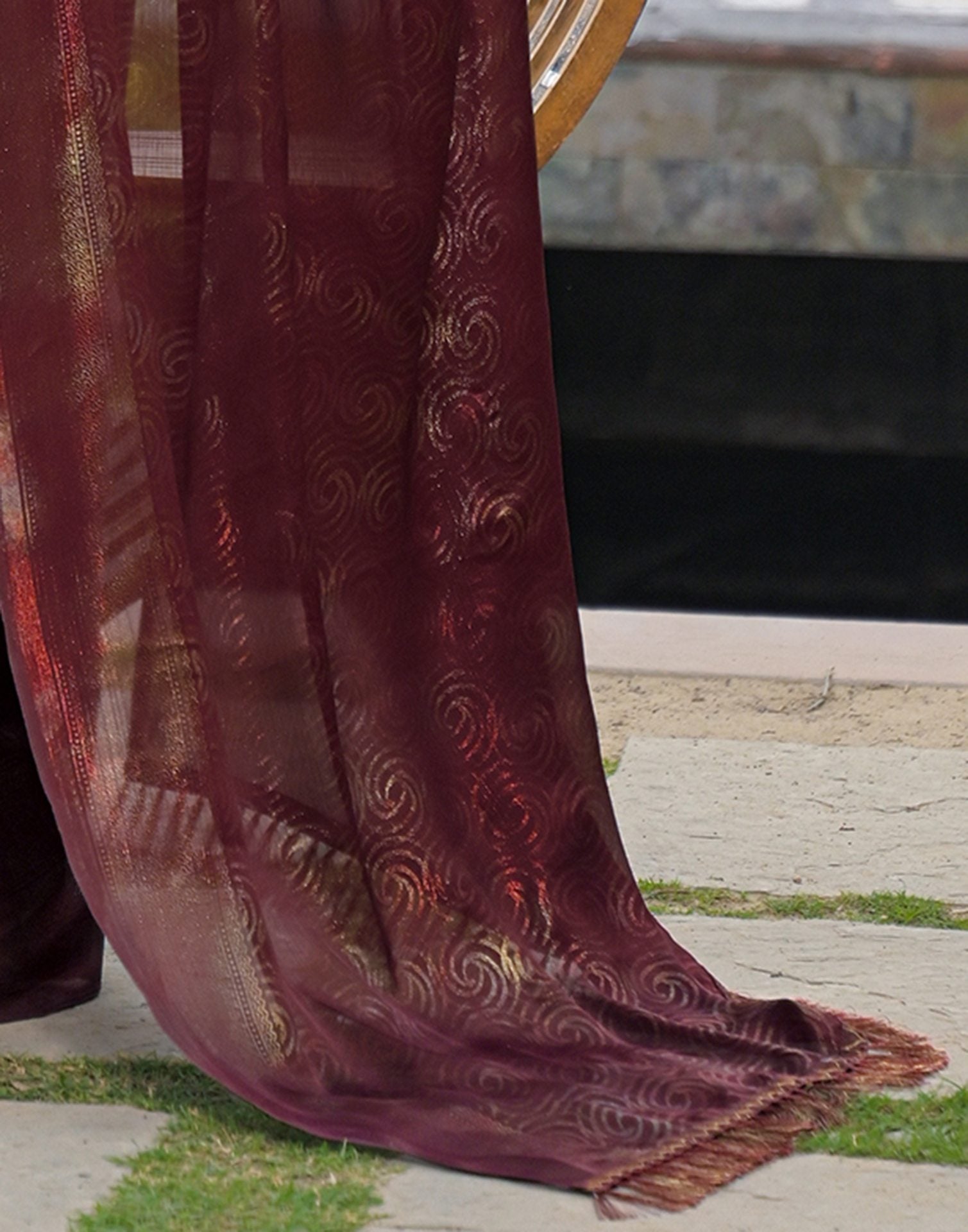 Maroon Chiffon Foil Printed Saree