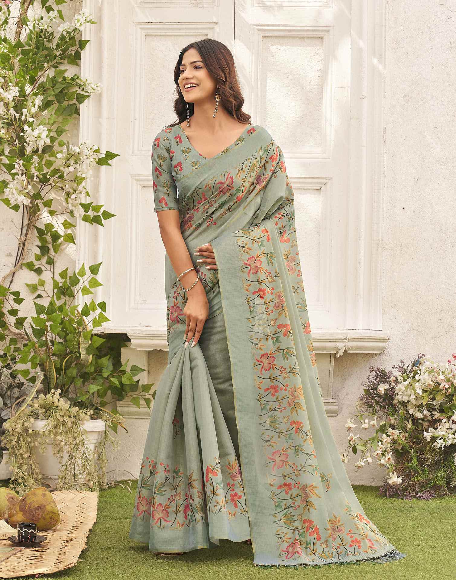Sea Green Shimmer Silk Floral Printed Saree