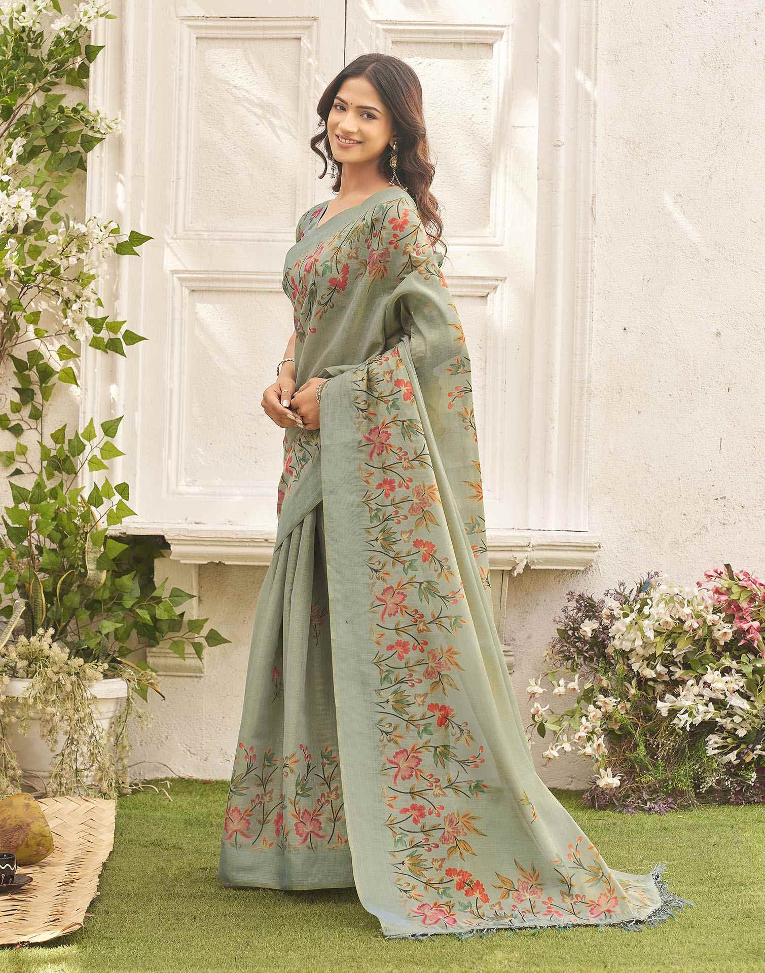 Sea Green Shimmer Silk Floral Printed Saree