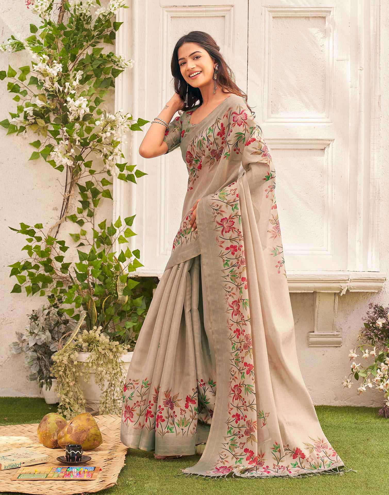 Dark Beige Shimmer Silk Floral Printed Saree