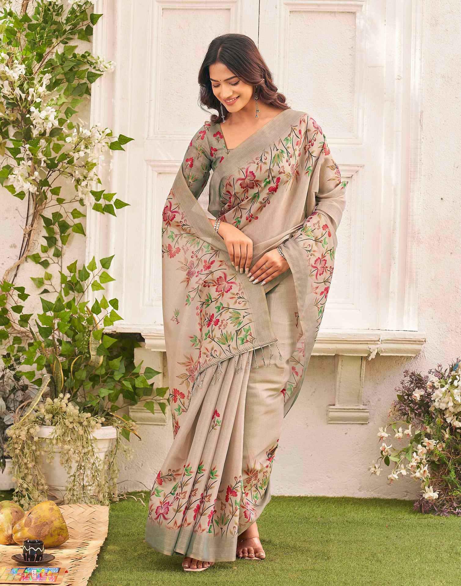 Dark Beige Shimmer Silk Floral Printed Saree