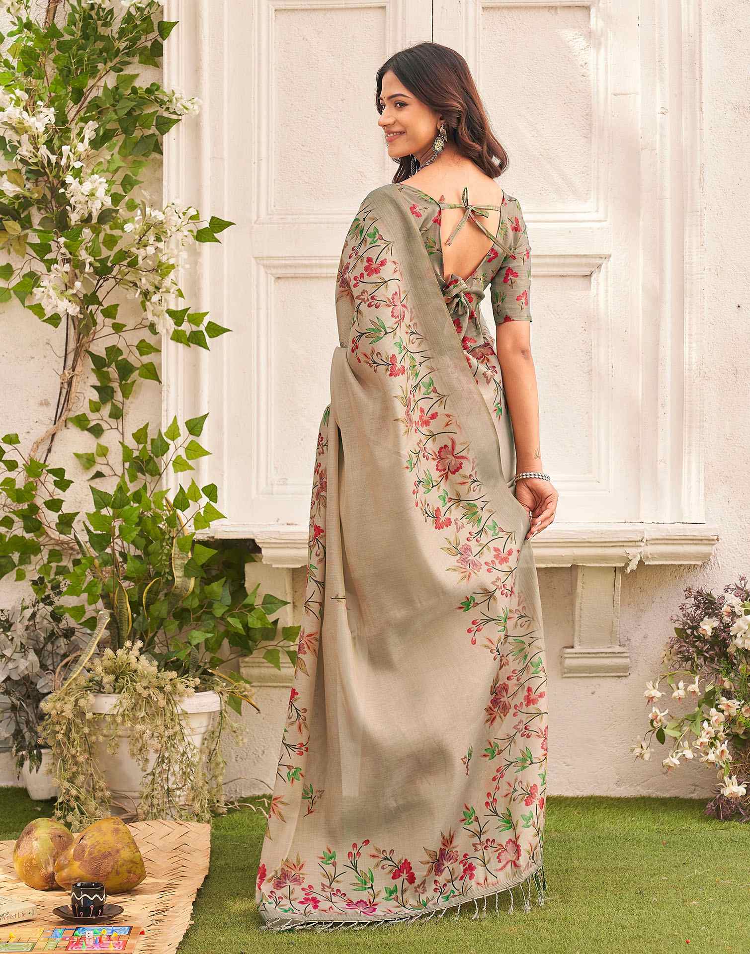Dark Beige Shimmer Silk Floral Printed Saree
