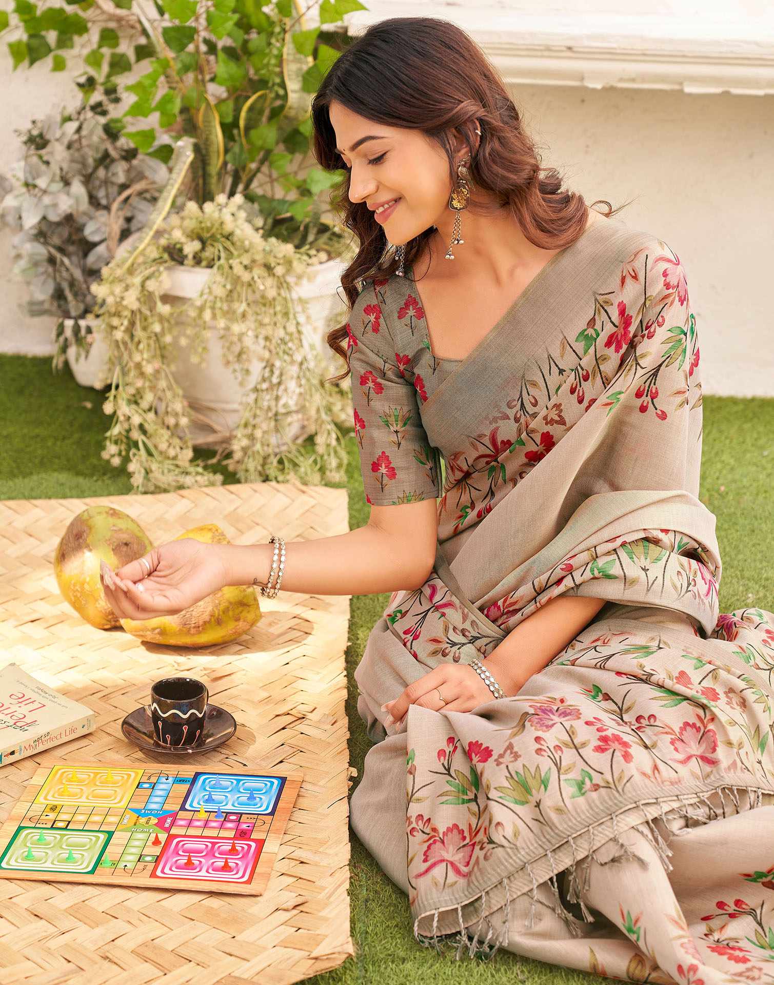 Dark Beige Shimmer Silk Floral Printed Saree