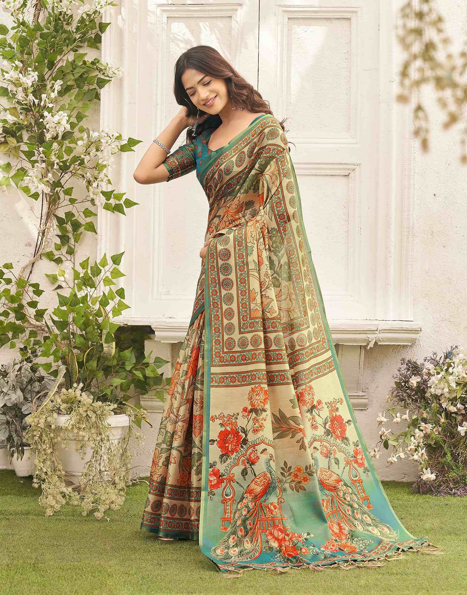 Beige Shimmer Silk Printed Kalamkari Saree