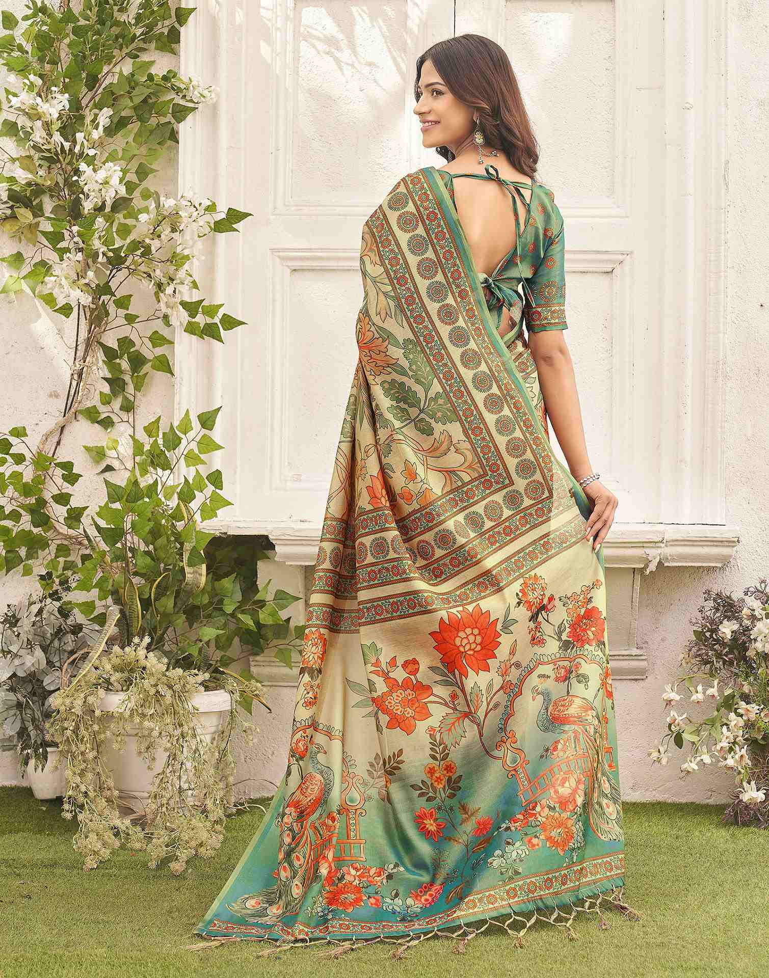 Beige Shimmer Silk Printed Kalamkari Saree