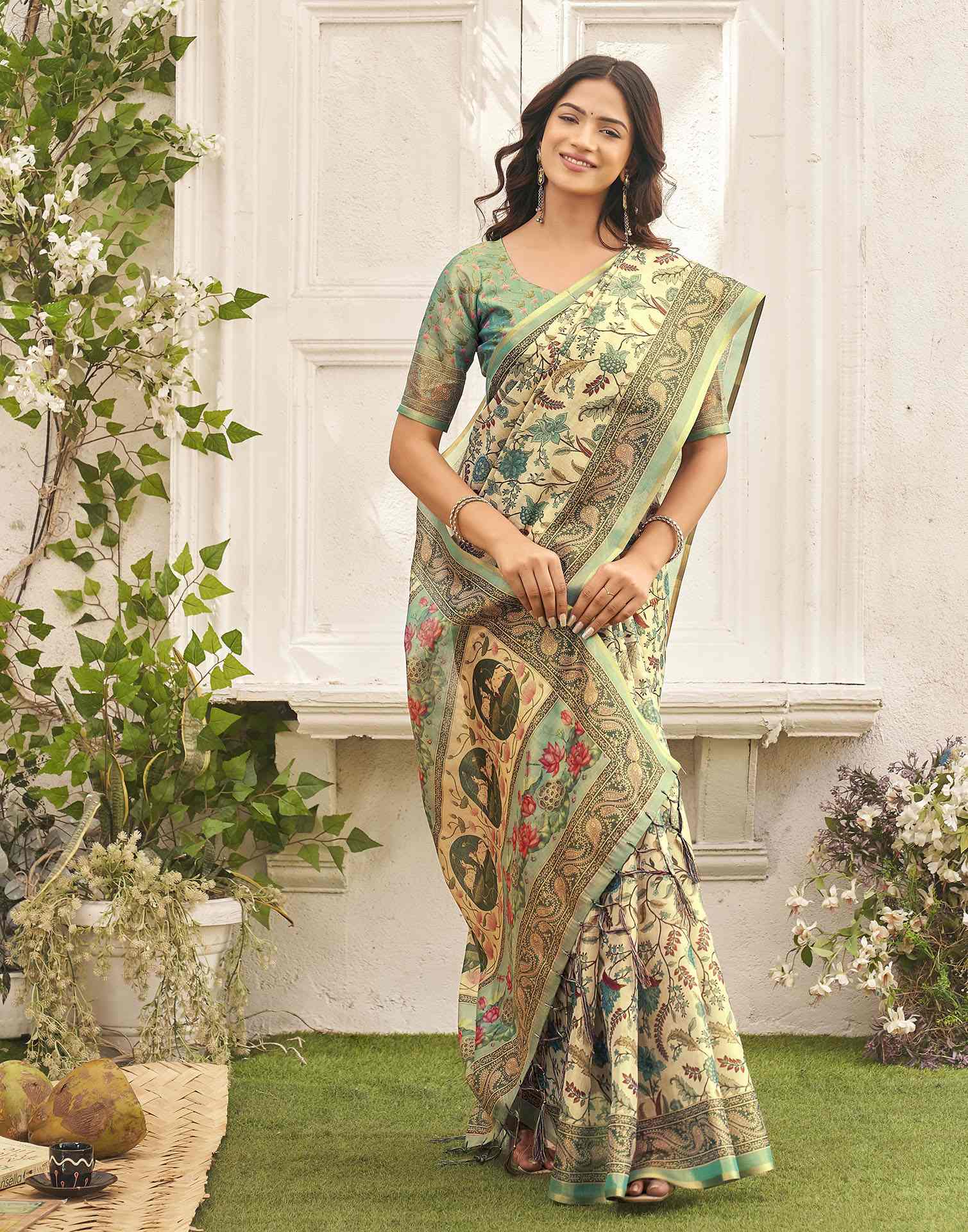Beige Shimmer Silk Printed Kalamkari Saree