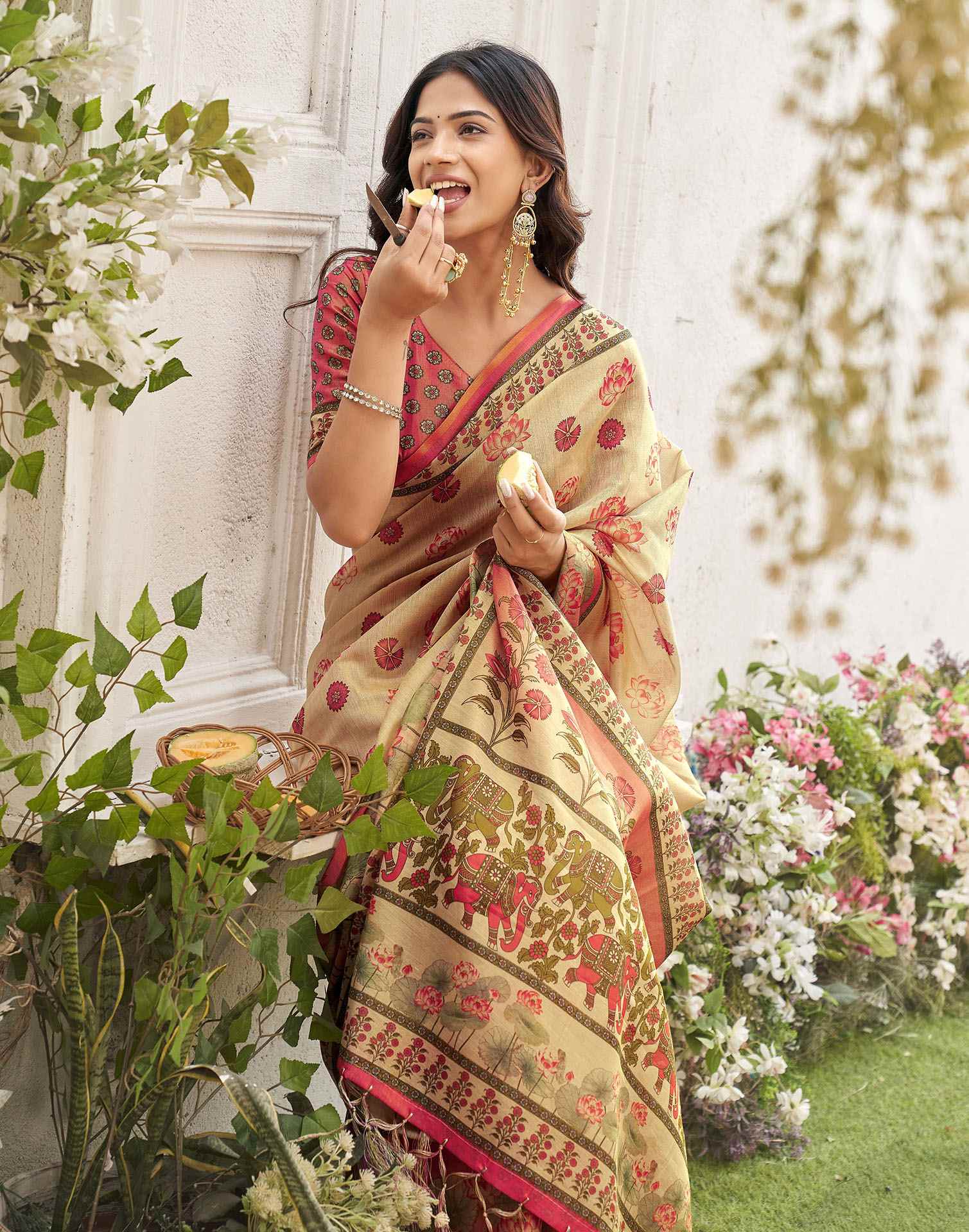 Dark Beige Shimmer Silk Printed Kalamkari Saree
