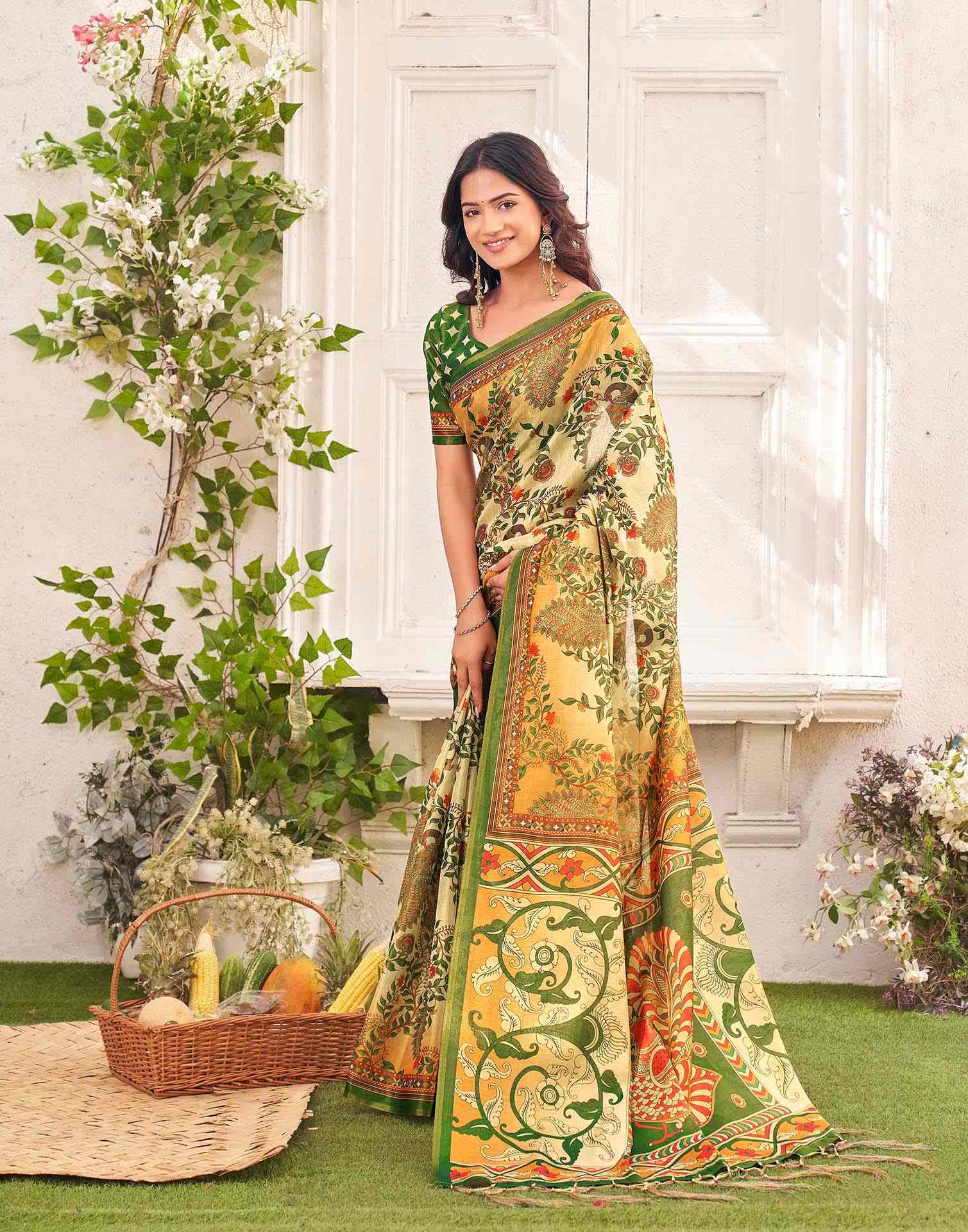 Beige Shimmer Silk Printed Kalamkari Saree
