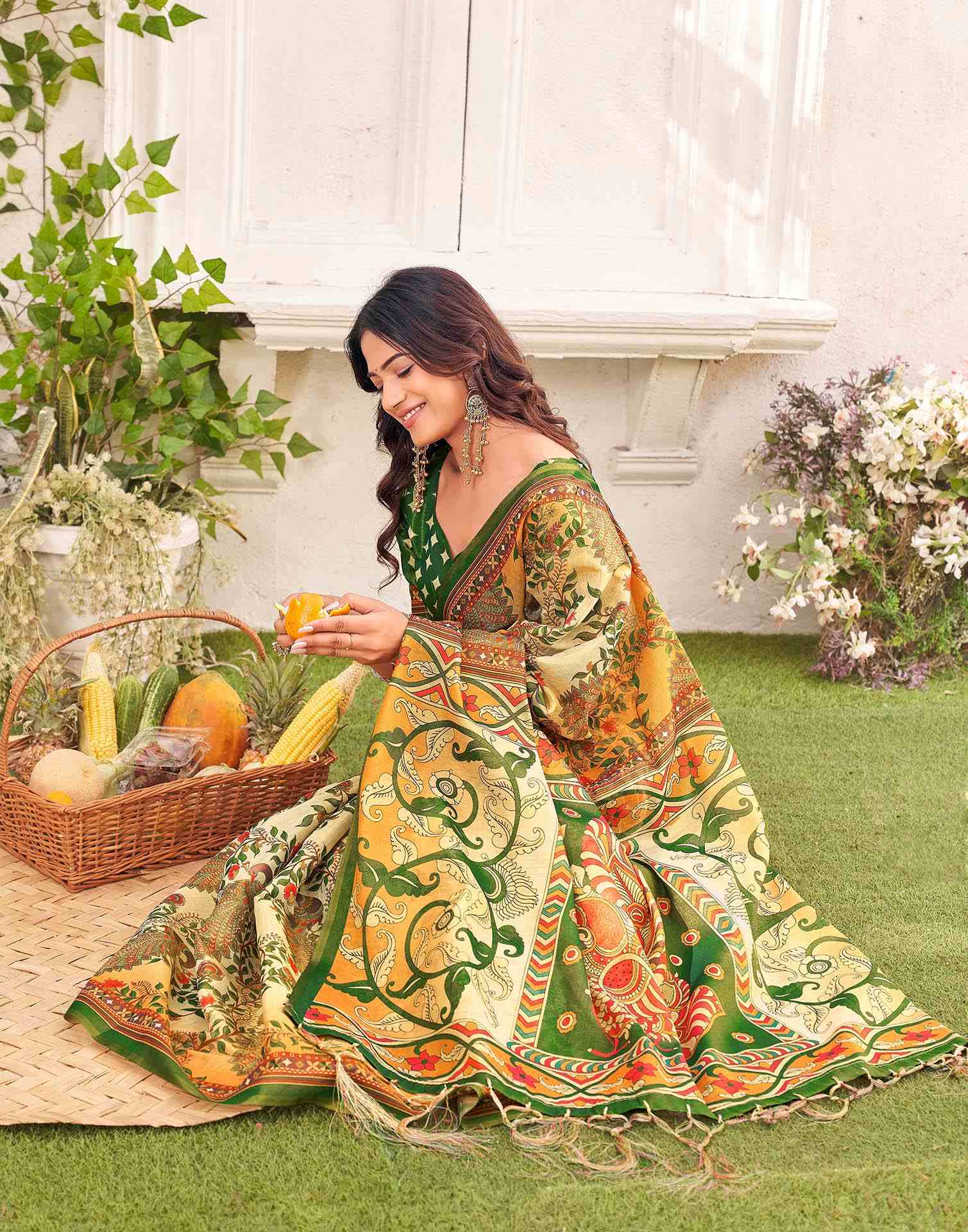 Beige Shimmer Silk Printed Kalamkari Saree