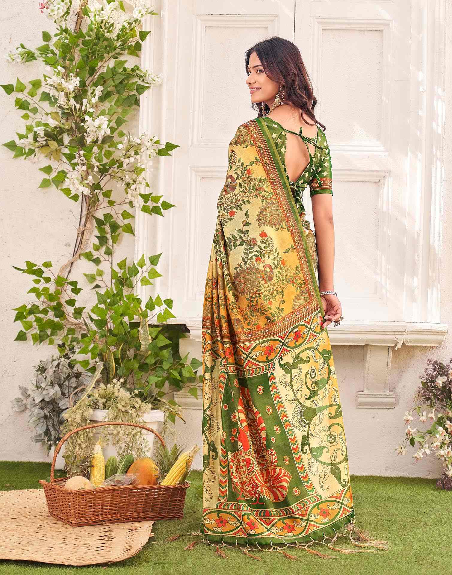 Beige Shimmer Silk Printed Kalamkari Saree