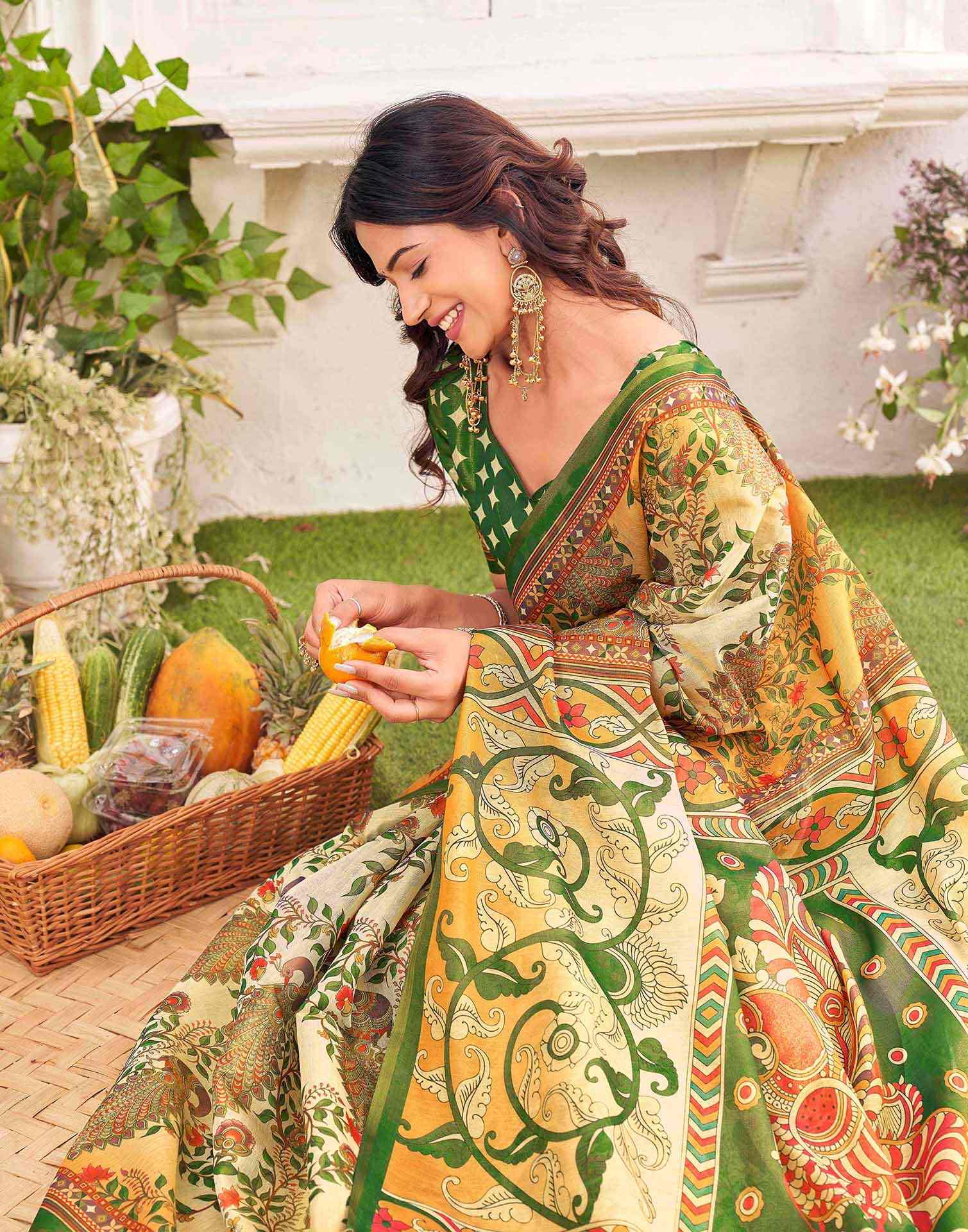 Beige Shimmer Silk Printed Kalamkari Saree