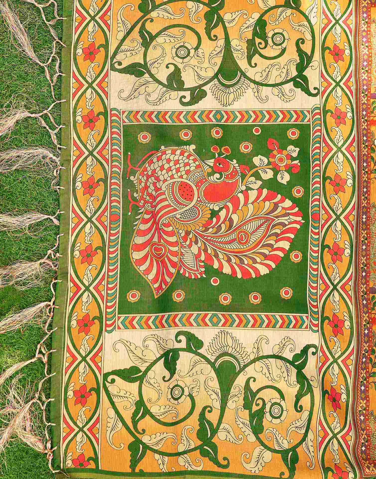 Beige Shimmer Silk Printed Kalamkari Saree