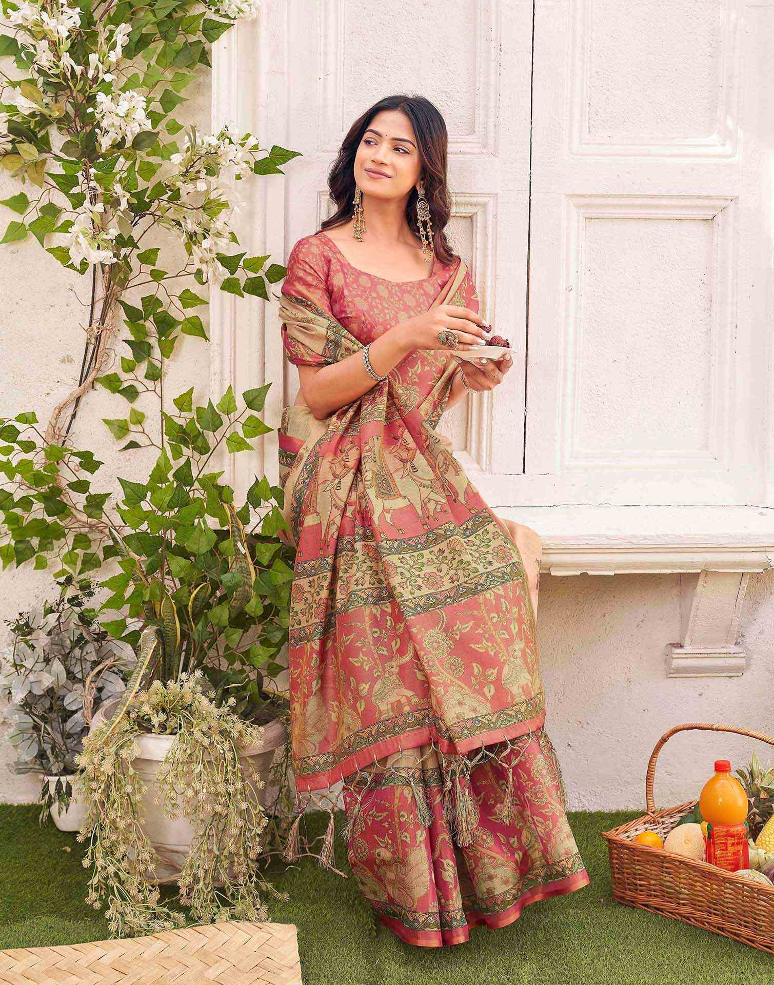 Beige Shimmer Silk Printed Kalamkari Saree