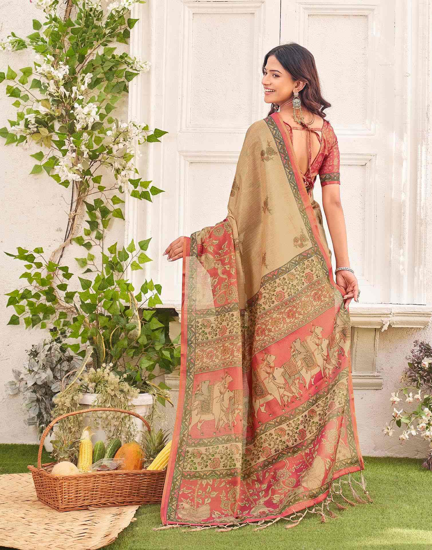 Beige Shimmer Silk Printed Kalamkari Saree