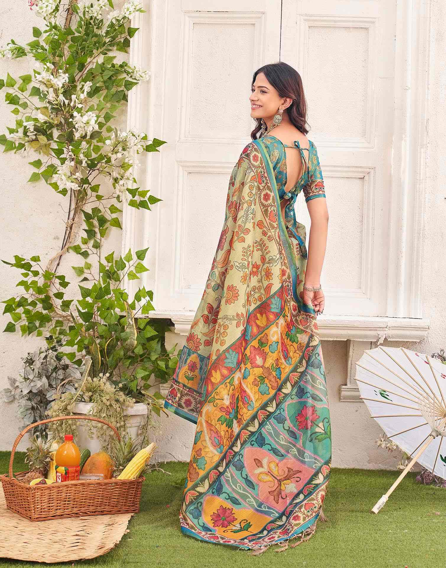 Beige Shimmer Silk Printed Kalamkari Saree
