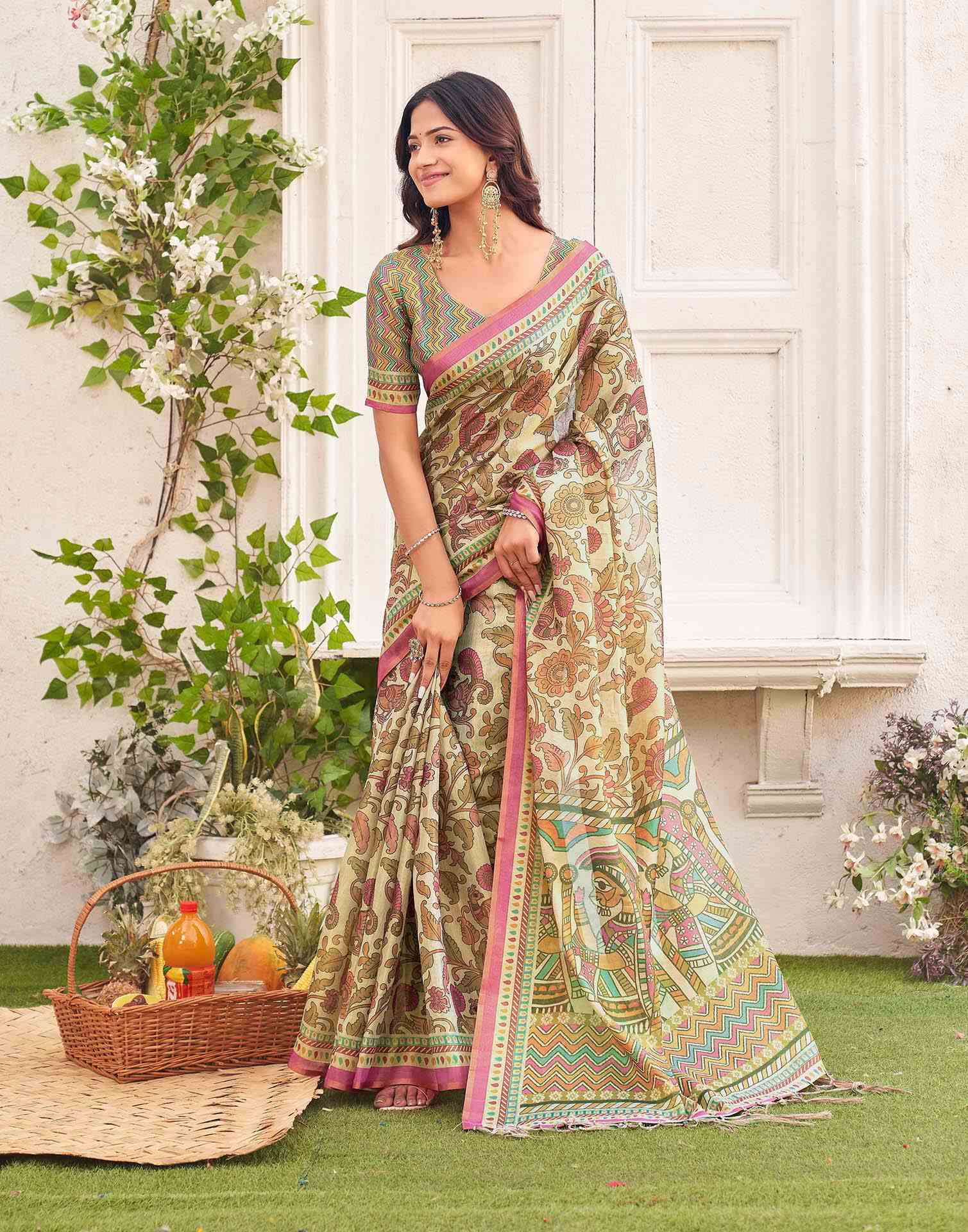 Dark Beige Shimmer Silk Printed Kalamkari Saree