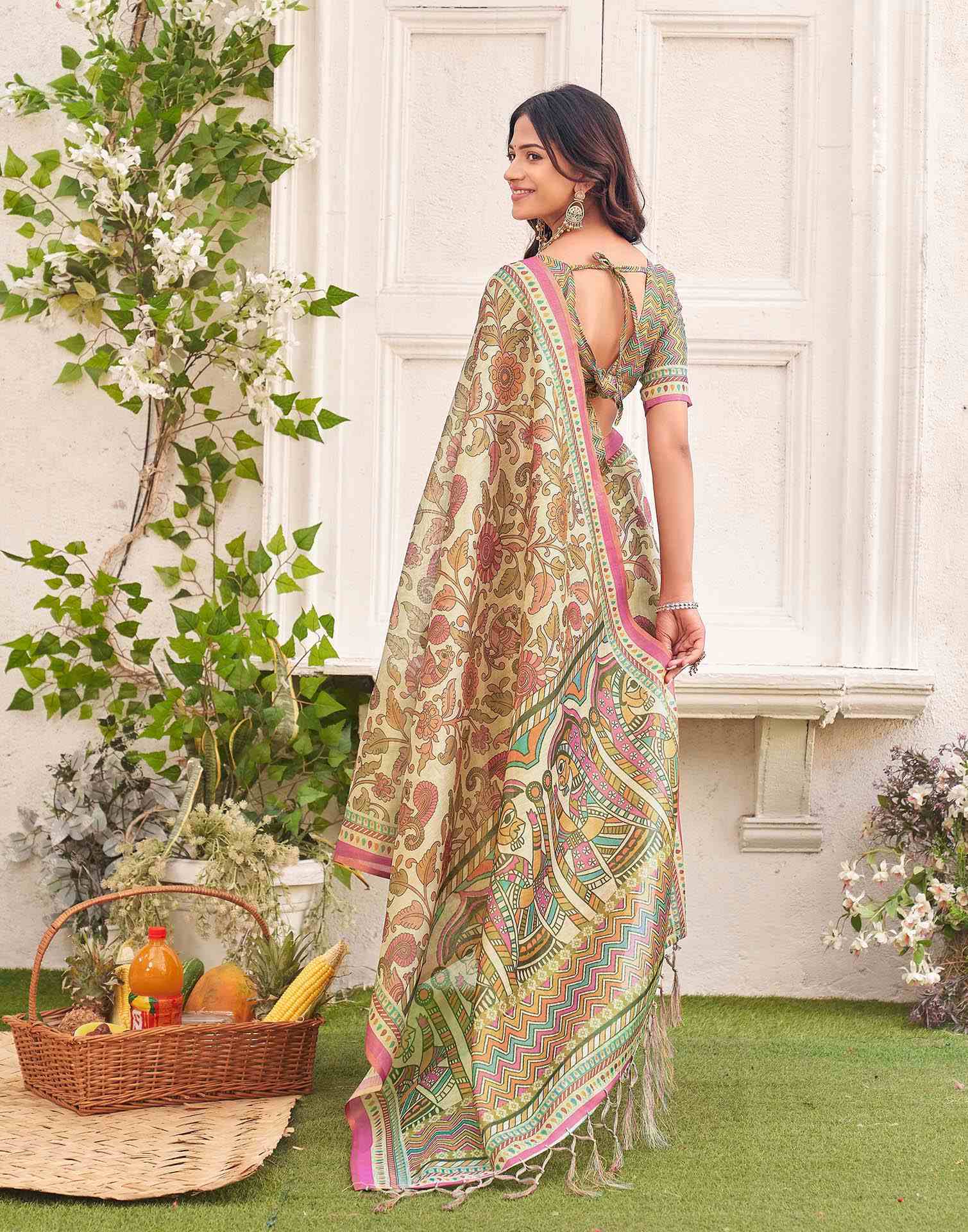 Dark Beige Shimmer Silk Printed Kalamkari Saree