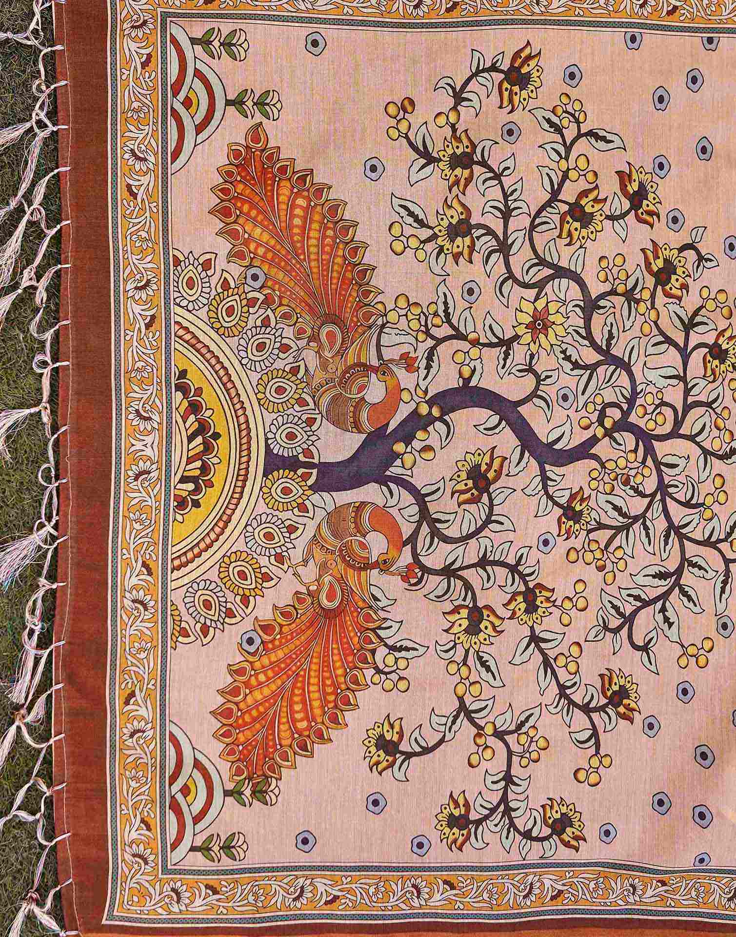 Brown Shimmer Silk Printed Kalamkari Saree