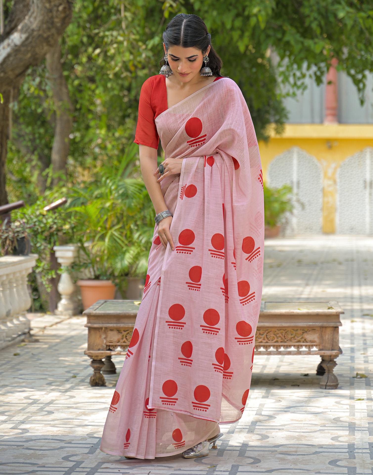 Light Pink Linen Printed Saree