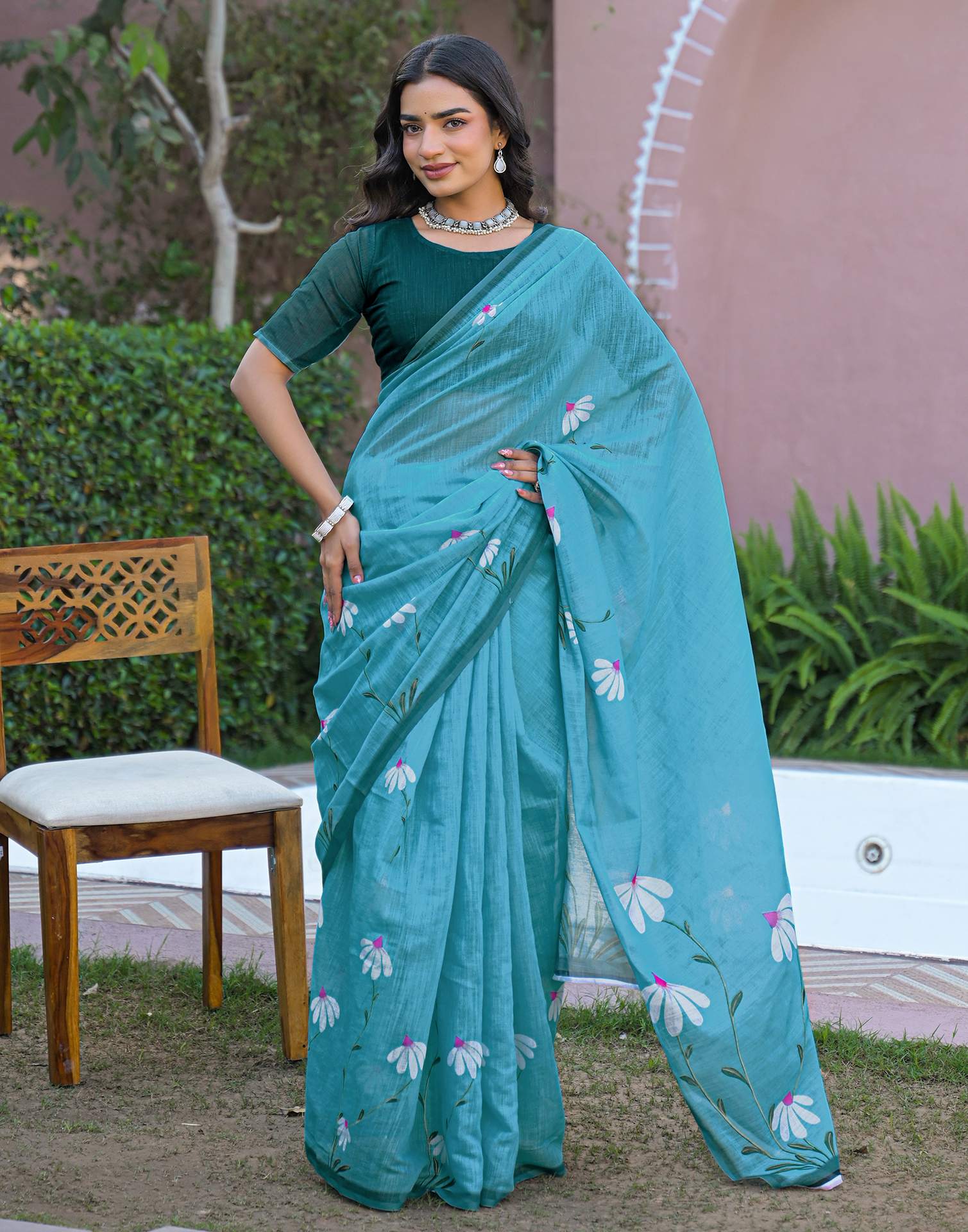 Sky Blue Linen Printed Saree