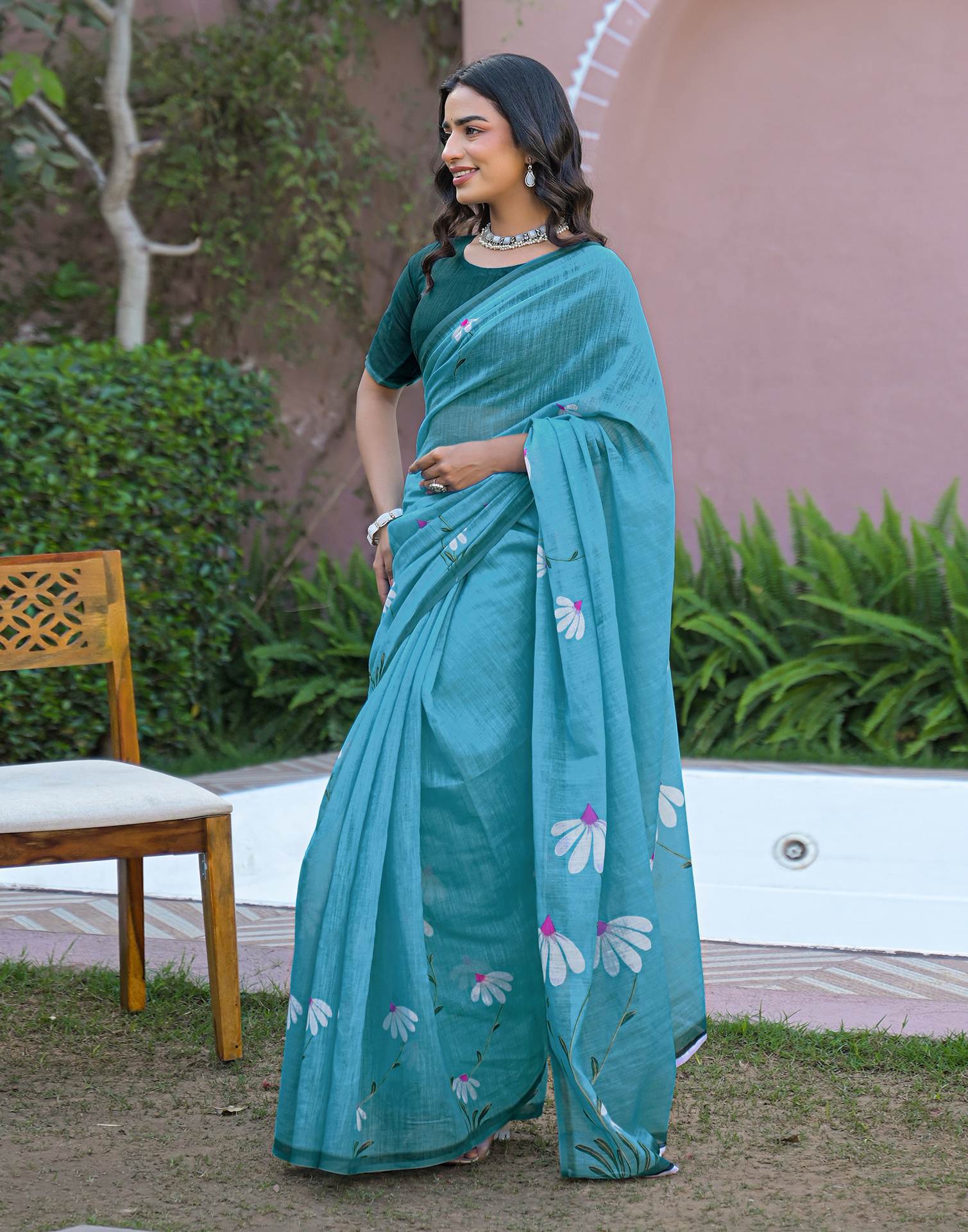Sky Blue Linen Printed Saree