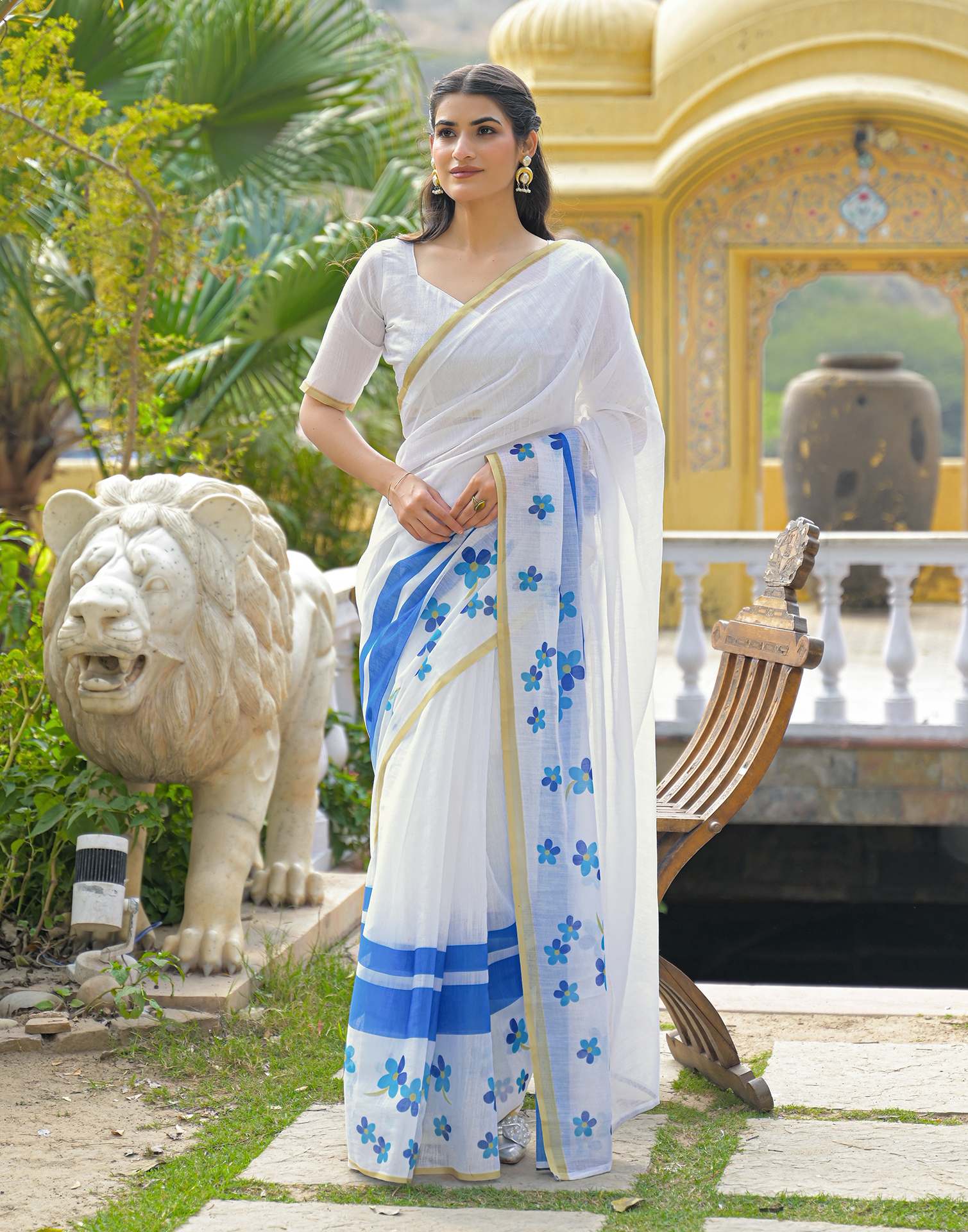 White Linen Floral Printed Saree