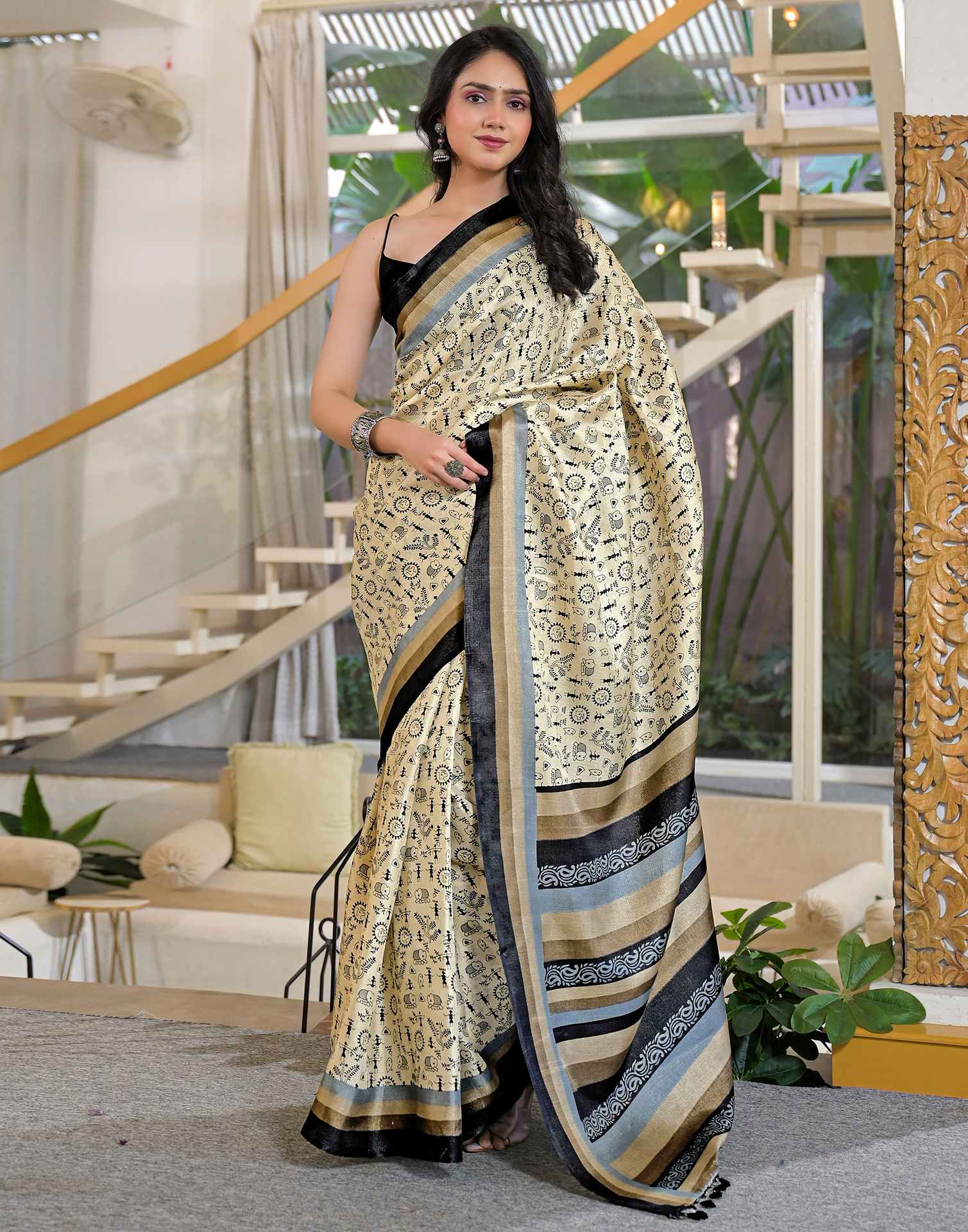 Beige Khadi Printed Saree