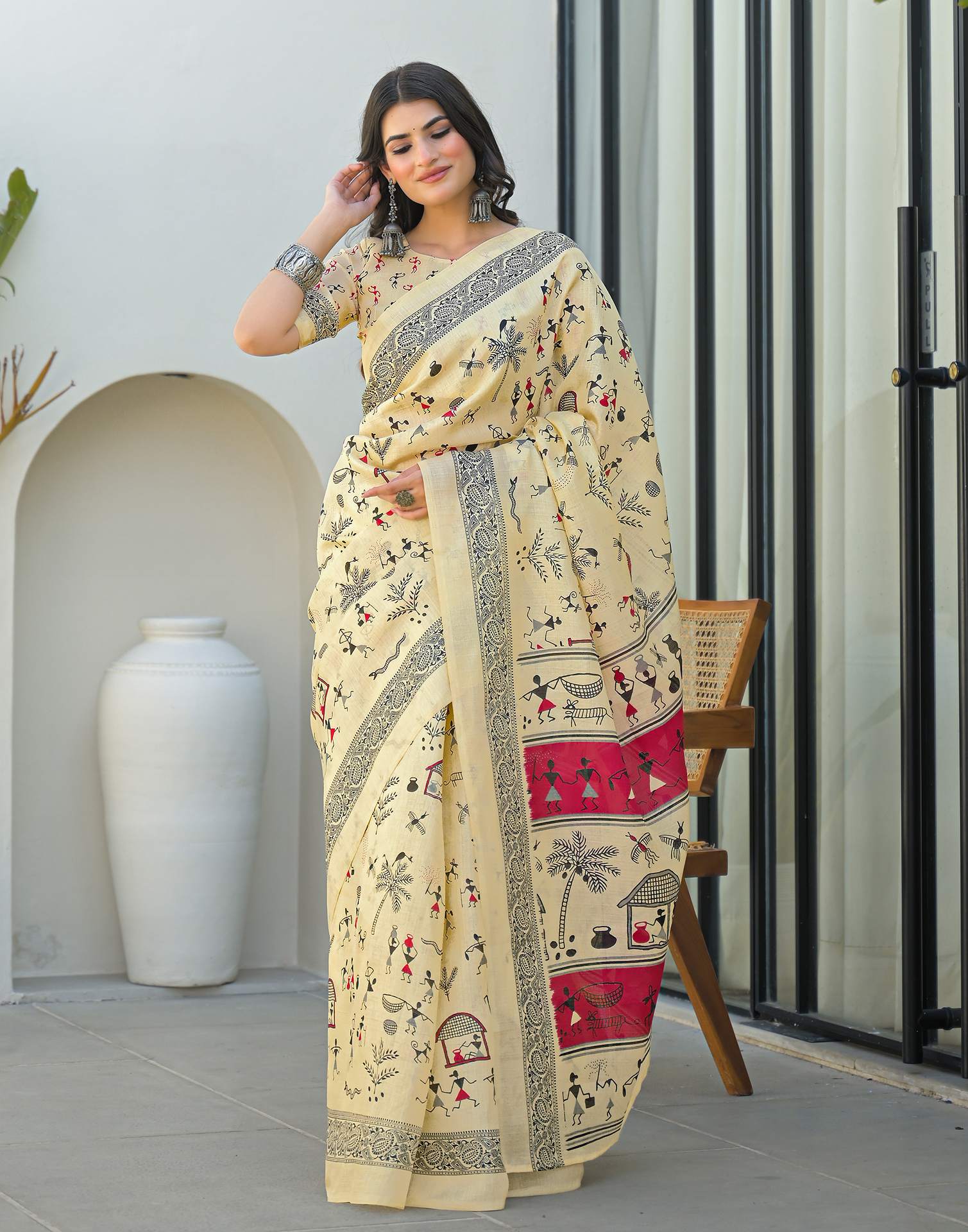 Beige Khadi Printed Saree