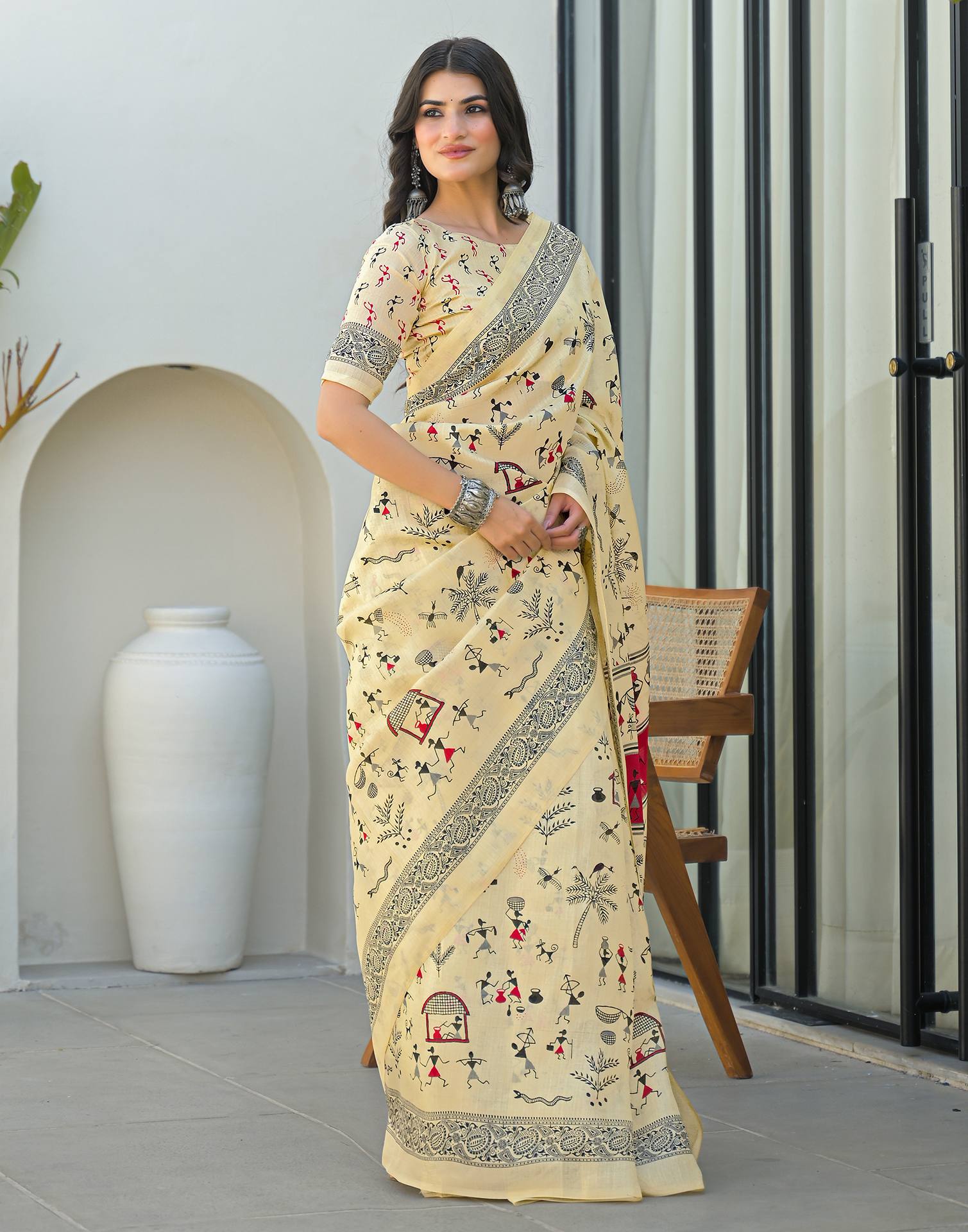 Beige Khadi Printed Saree
