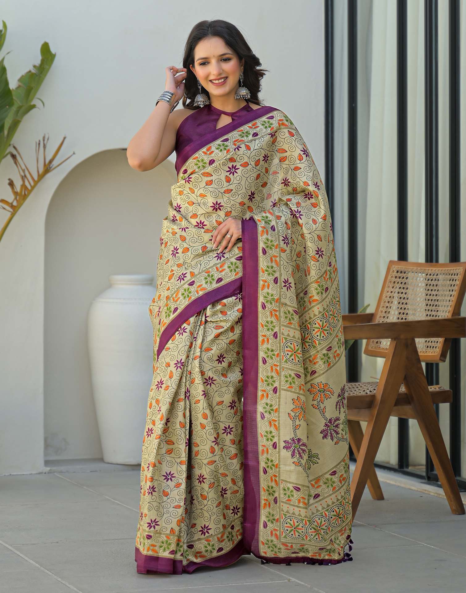 Dark Beige Khadi Printed Saree