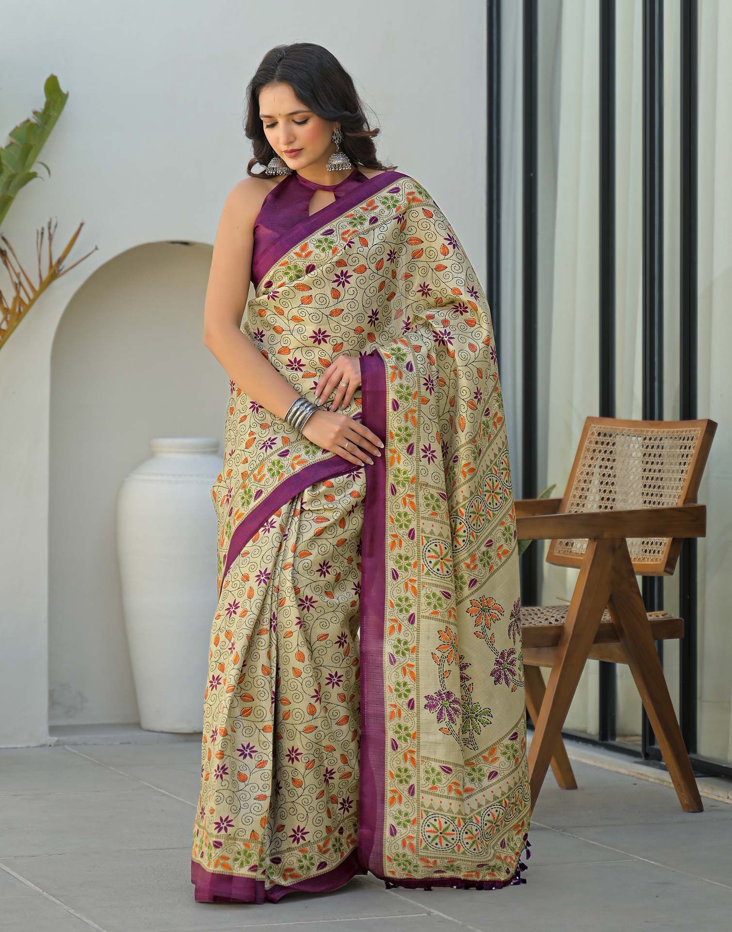 Dark Beige Khadi Printed Saree