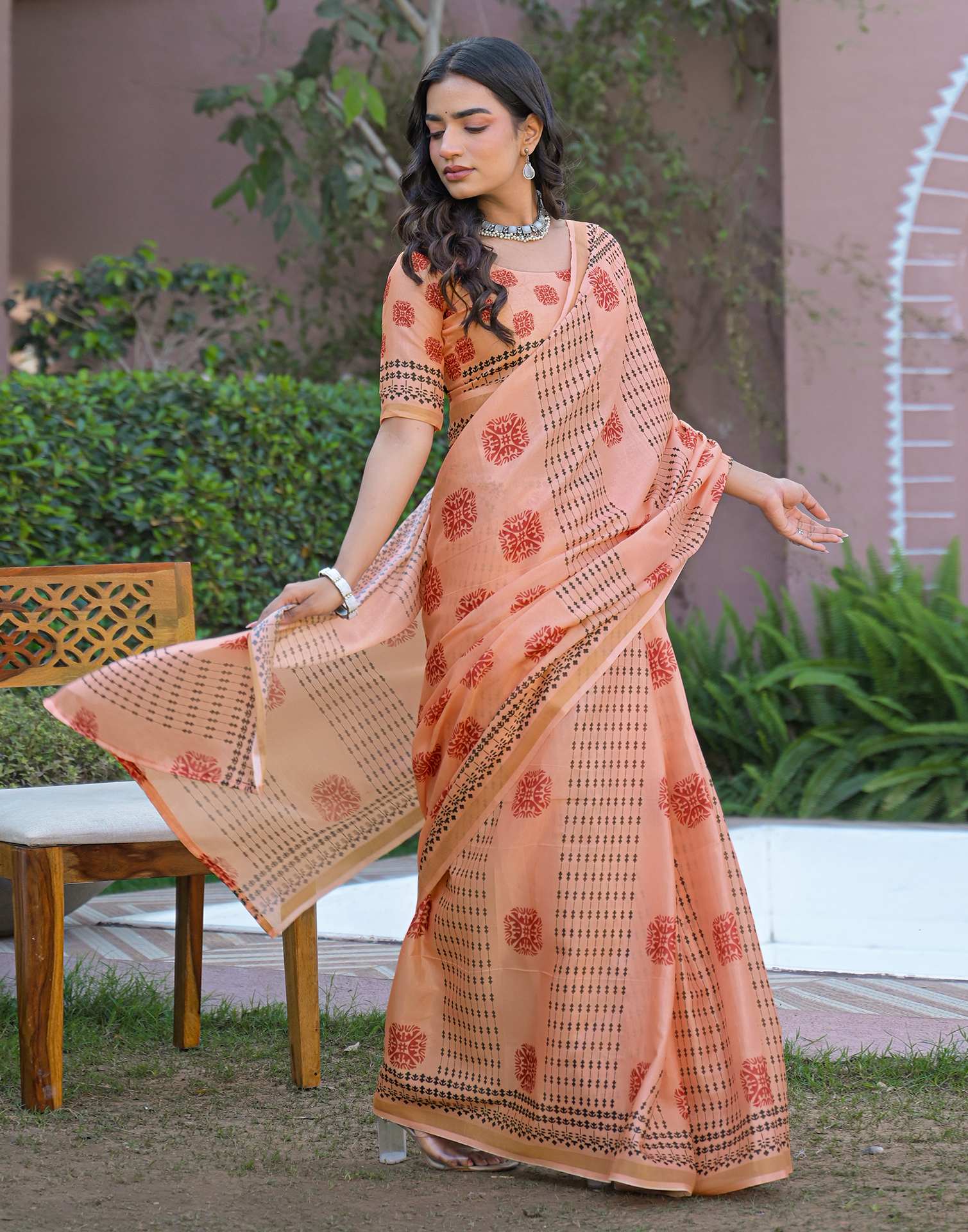 Peach Silk Printed Saree