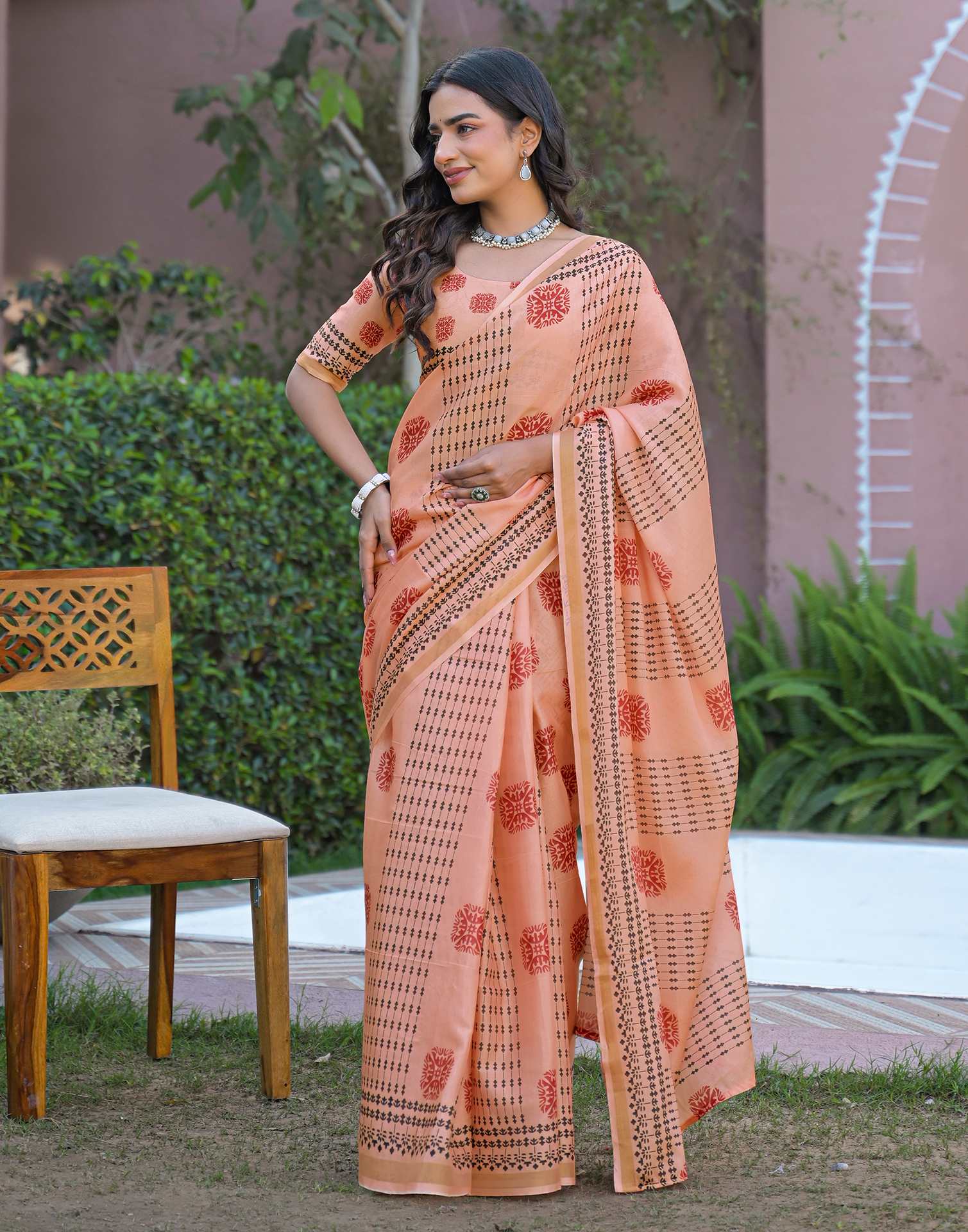 Peach Silk Printed Saree