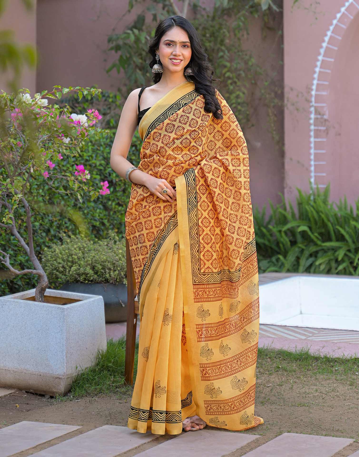 Goldenen Yellow Chanderi Printed Saree