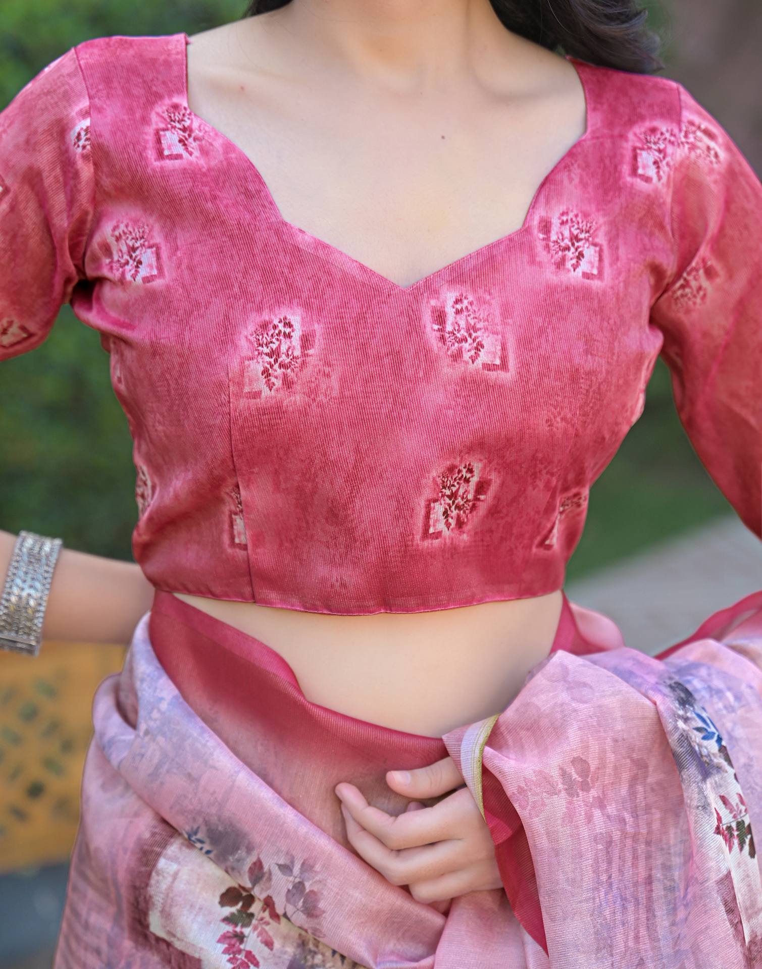Light Pink Shimmer Silk Printed Saree