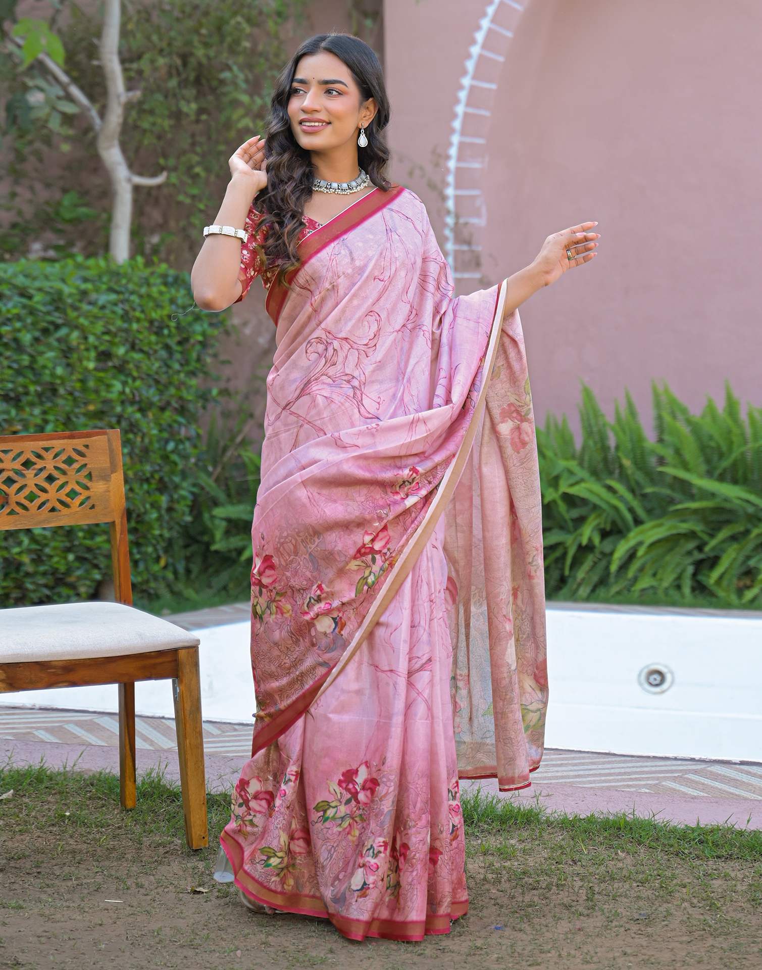 Light Pink Silk Printed Saree