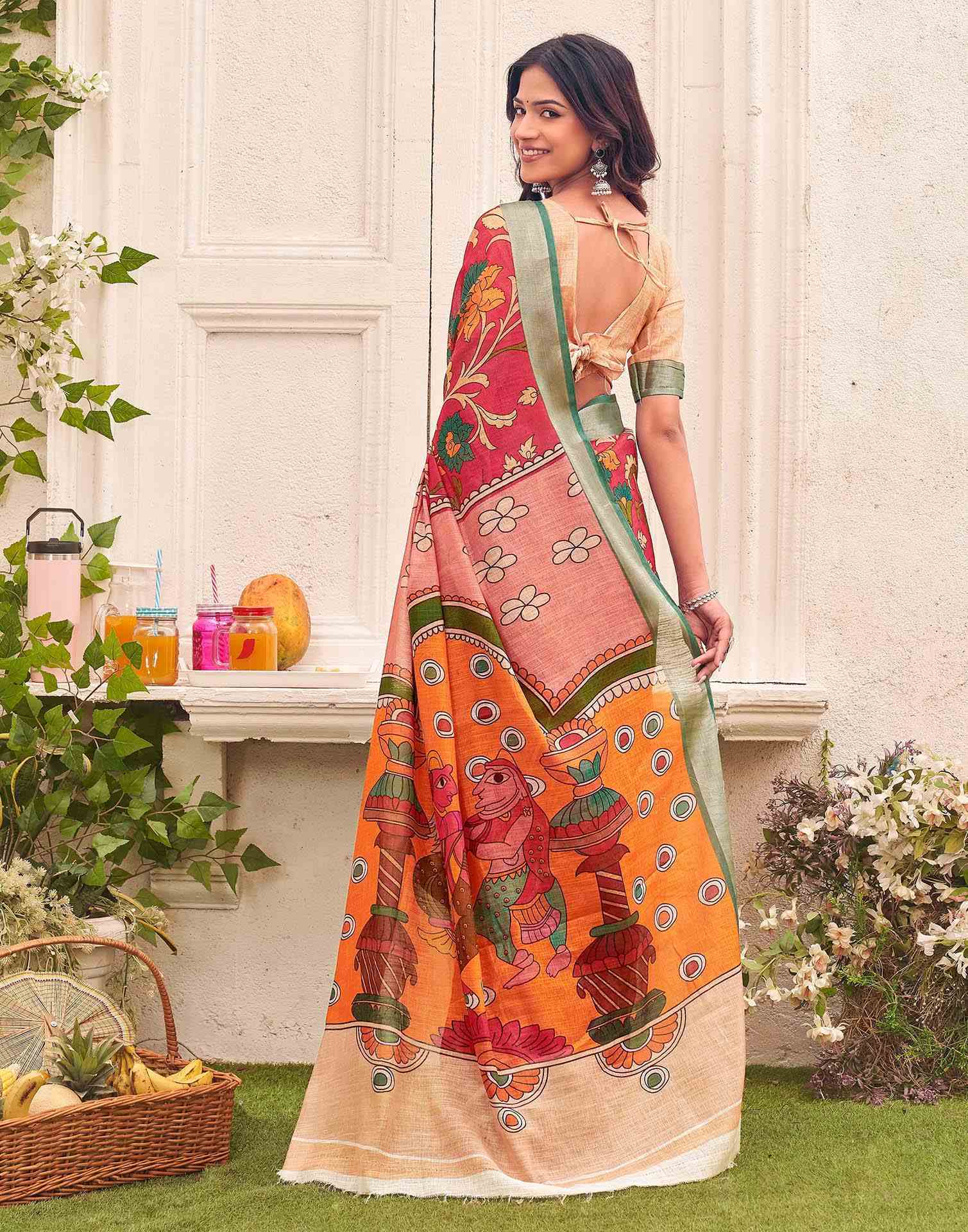 Red Linen Printed Kalamkari Saree