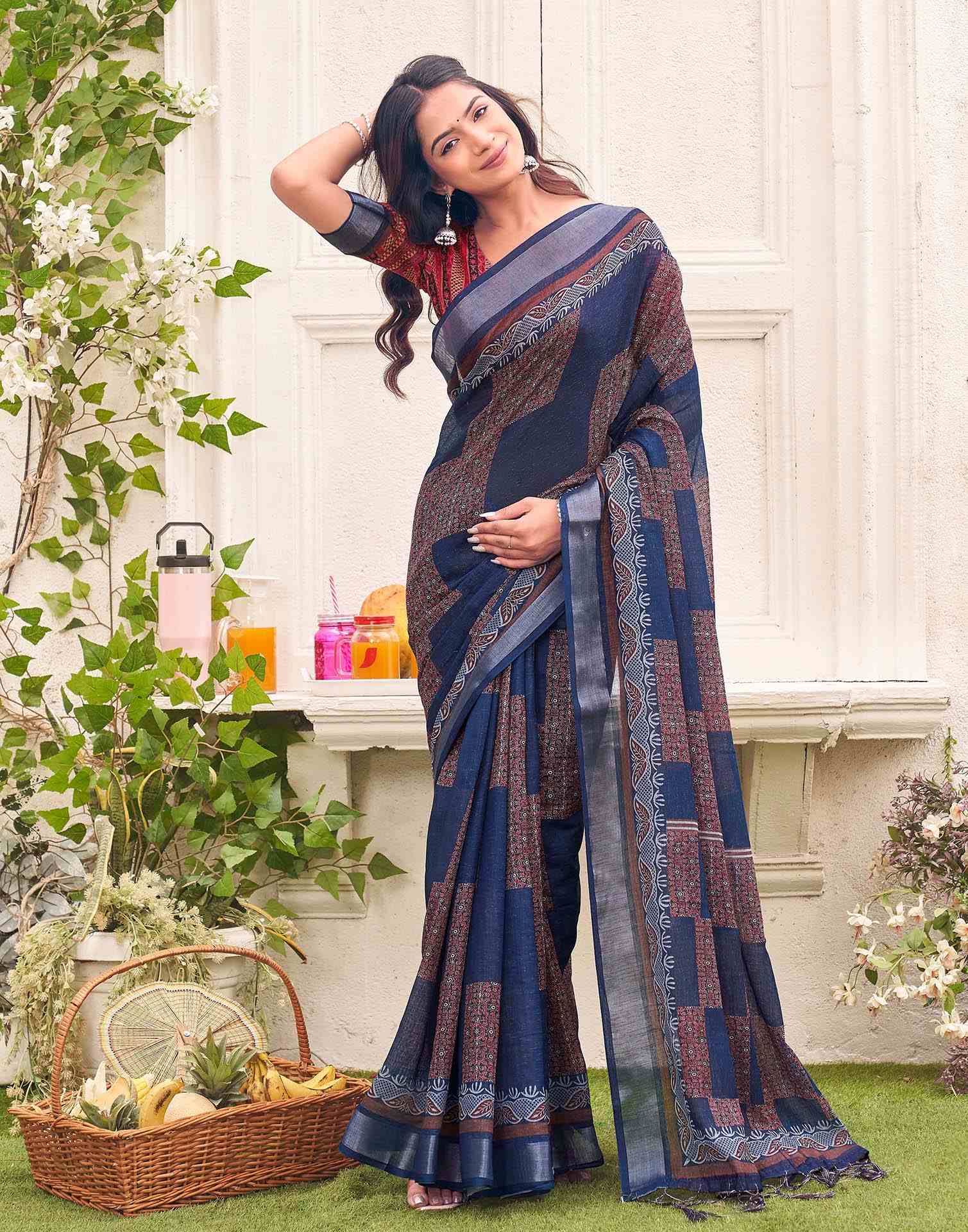 Navy Blue Linen Printed Saree